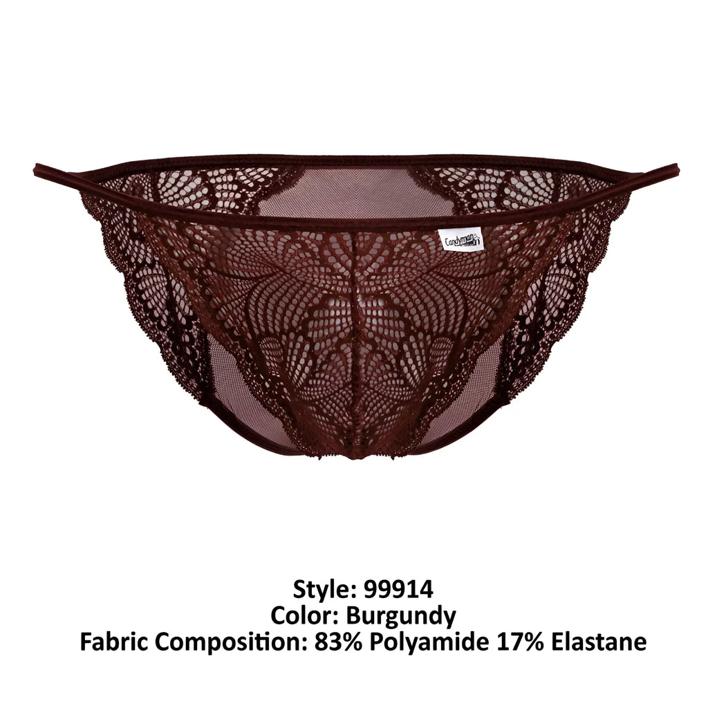 Burgundy lace thong candyMan 99914 with intricate floral patterns and mesh backing shown from the back side