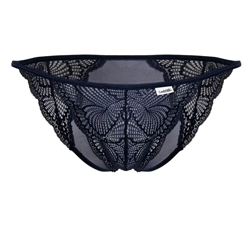 Navy candyman 99914 lace briefs featuring intricate butterfly-patterned mesh design and a branded label