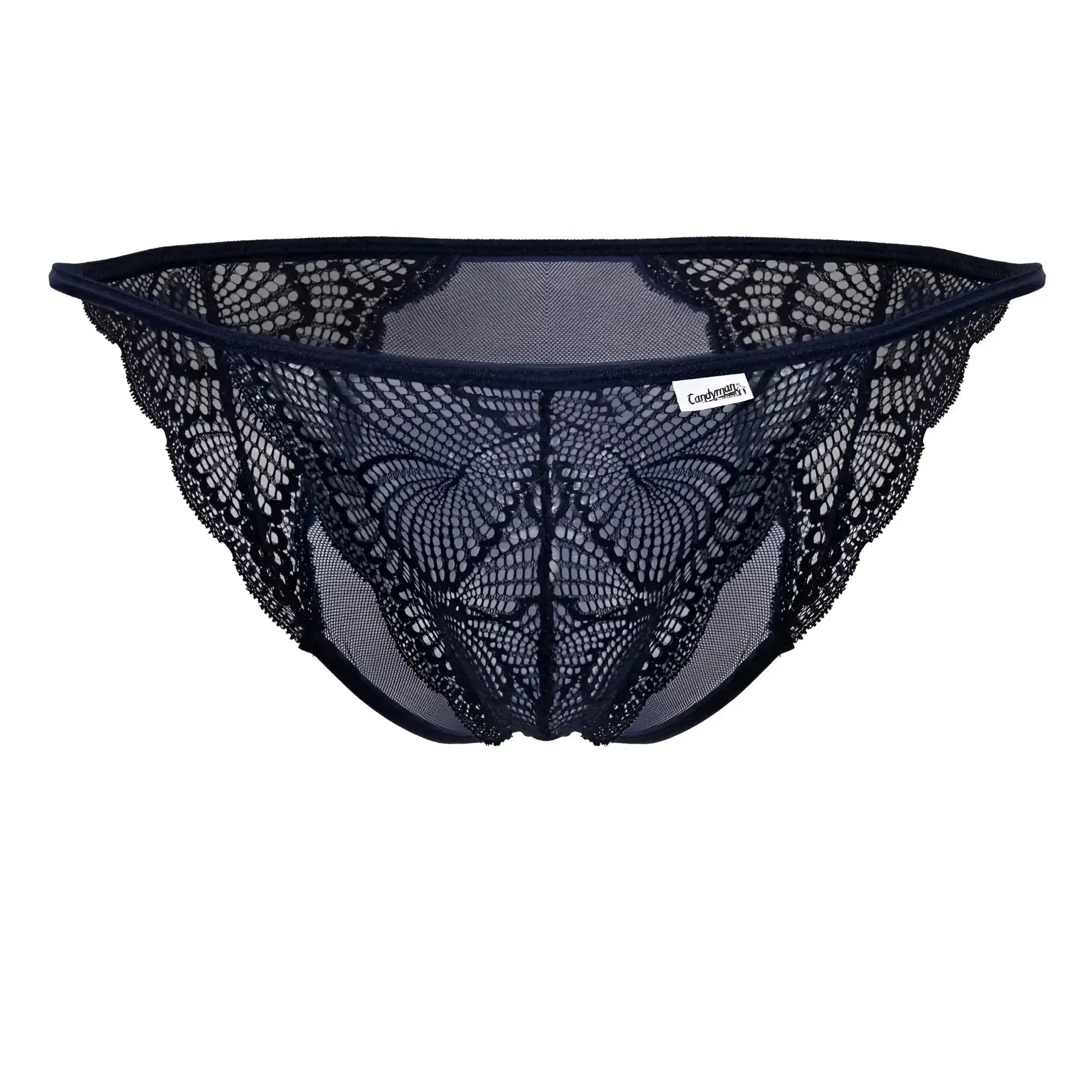 Navy candyman 99914 lace briefs featuring intricate butterfly-patterned mesh design and a branded label