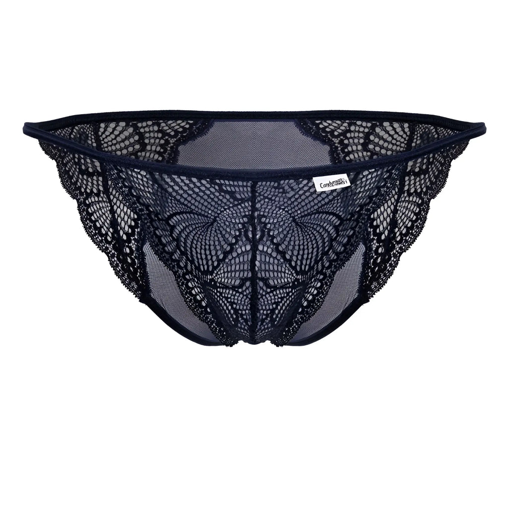 Navy candyman 99914 lace briefs featuring intricate butterfly-patterned mesh design and a branded label