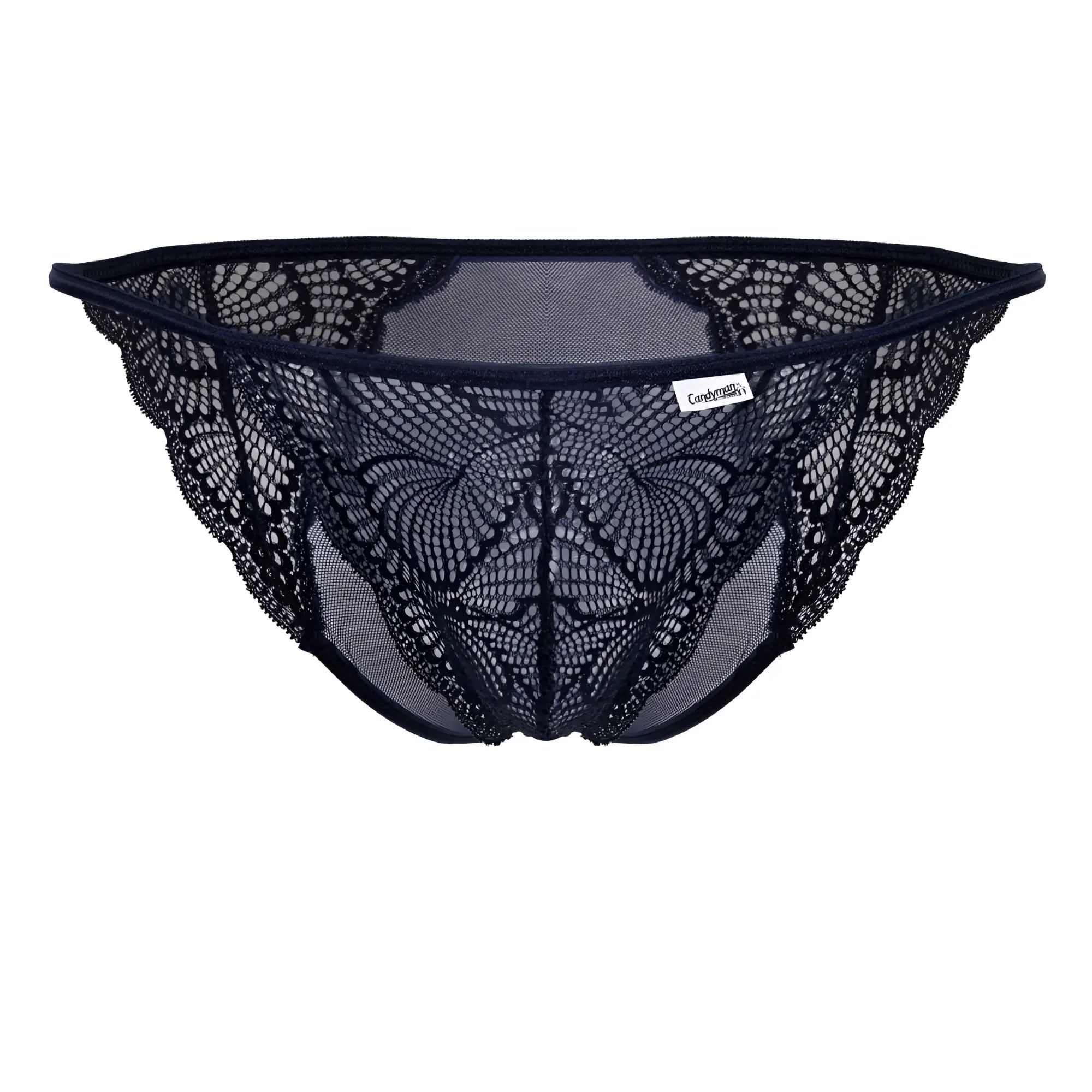 Navy candyman 99914 lace briefs featuring intricate butterfly-patterned mesh design and a branded label
