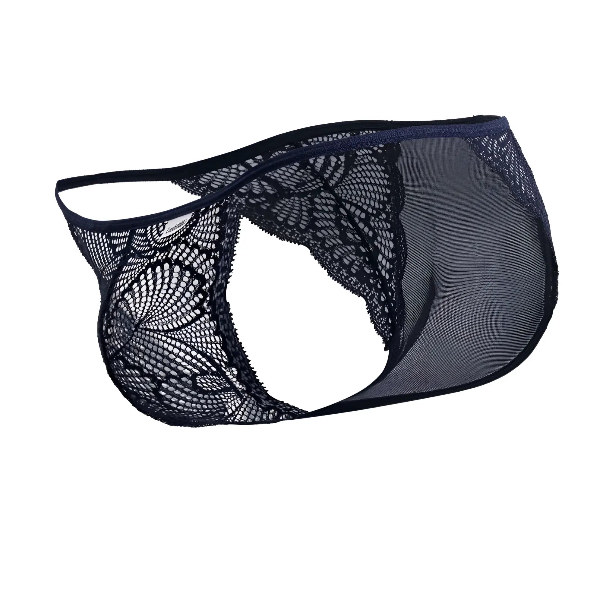 Black lace thong with sheer mesh panel and floral pattern navy candyMan 99914 lace briefs front view