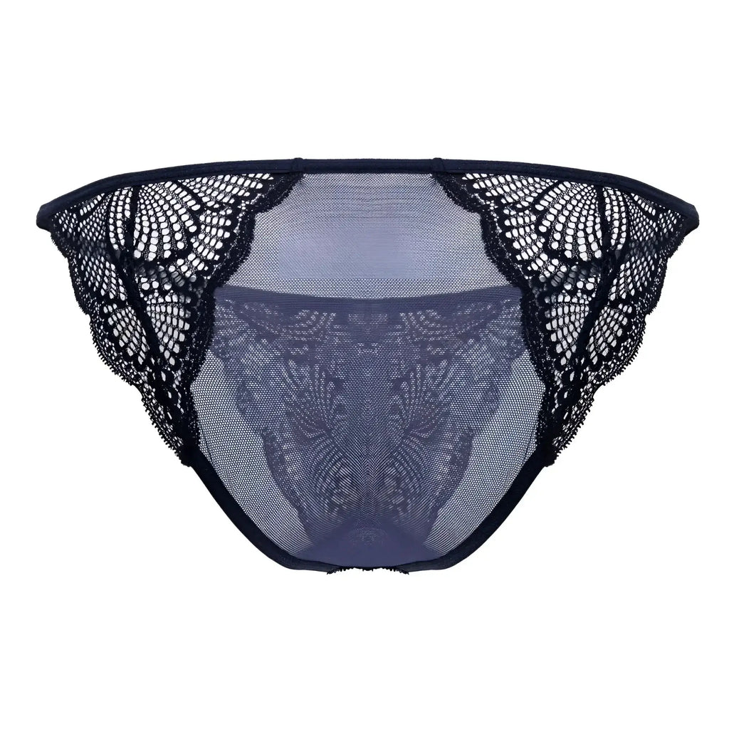 Navy candyman 99914 lace briefs featuring black lace-trimmed mesh with intricate floral patterns
