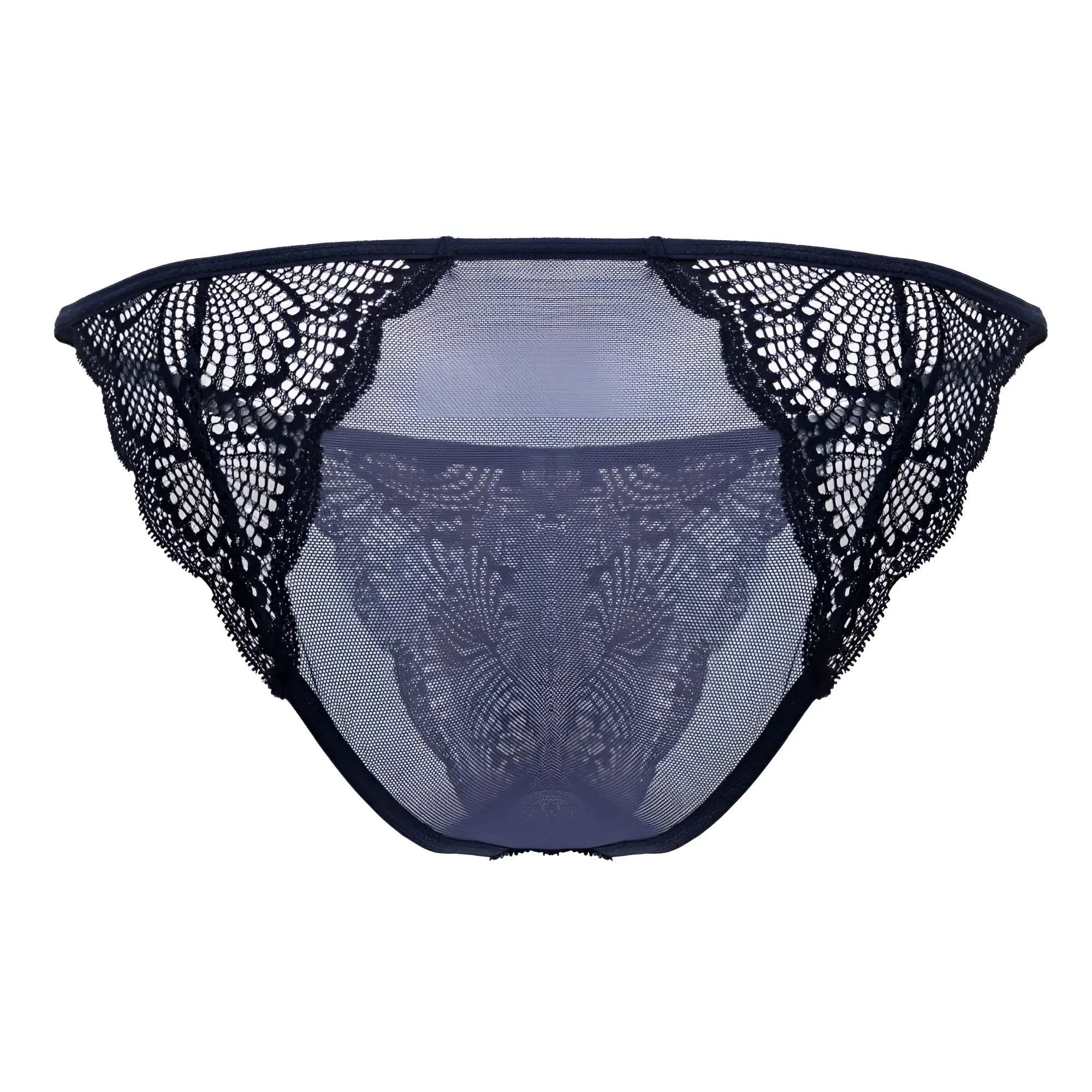 Navy candyman 99914 lace briefs featuring black lace-trimmed mesh with intricate floral patterns