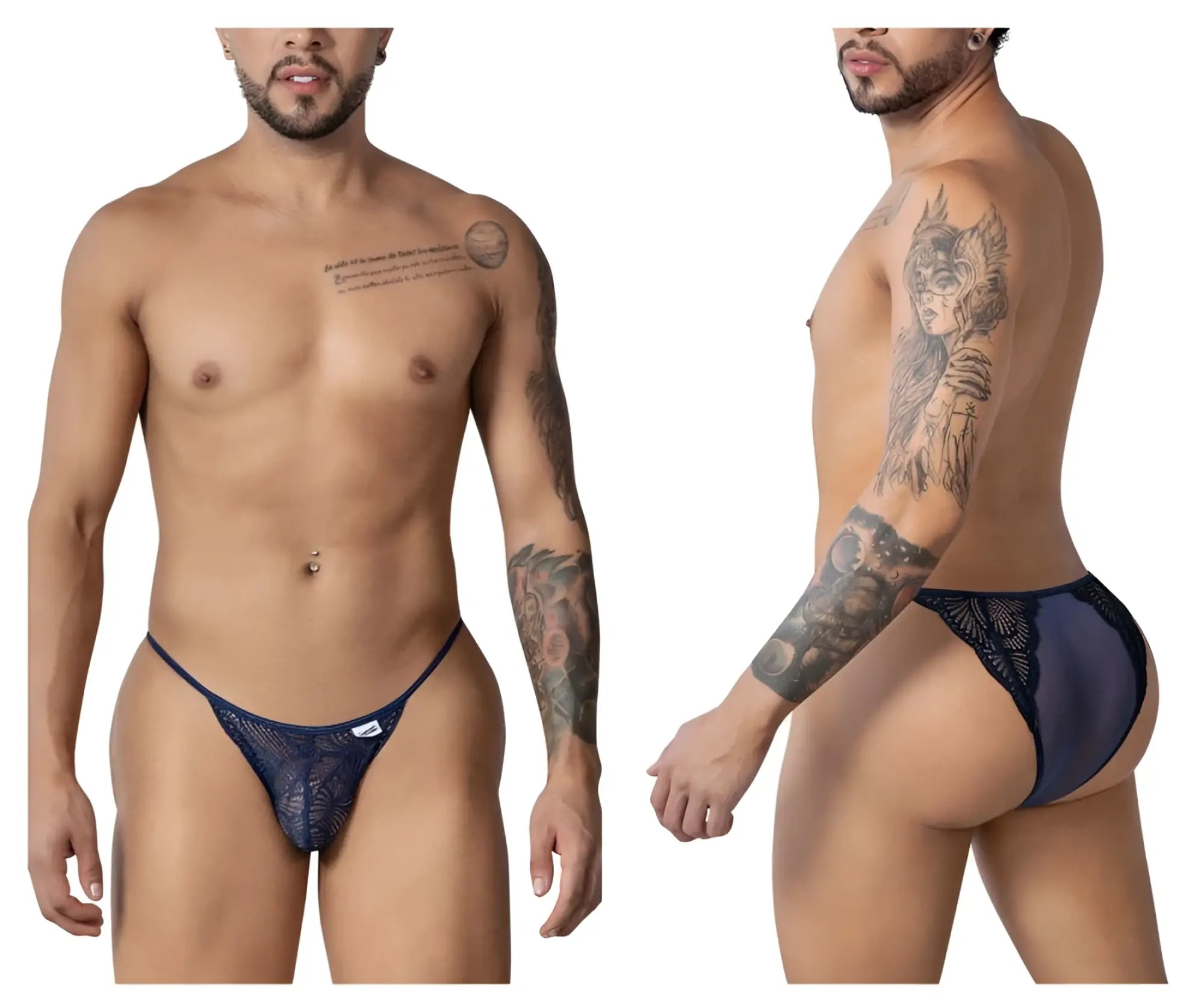 Navy blue lace thong with subtle pattern and small white logo front candy man 99914 lace briefs