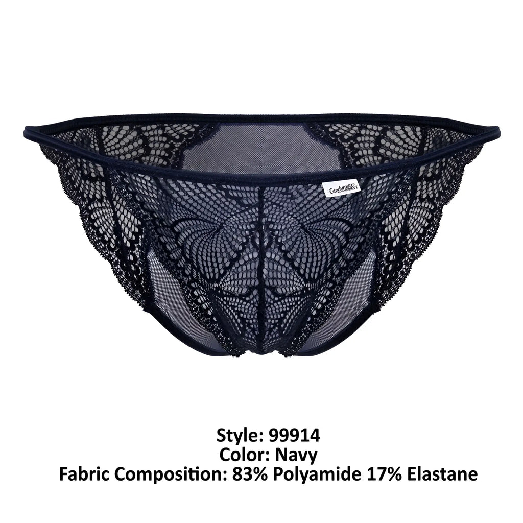 Navy lace thong CandyMan 99914 with intricate butterfly pattern and mesh detailing front view