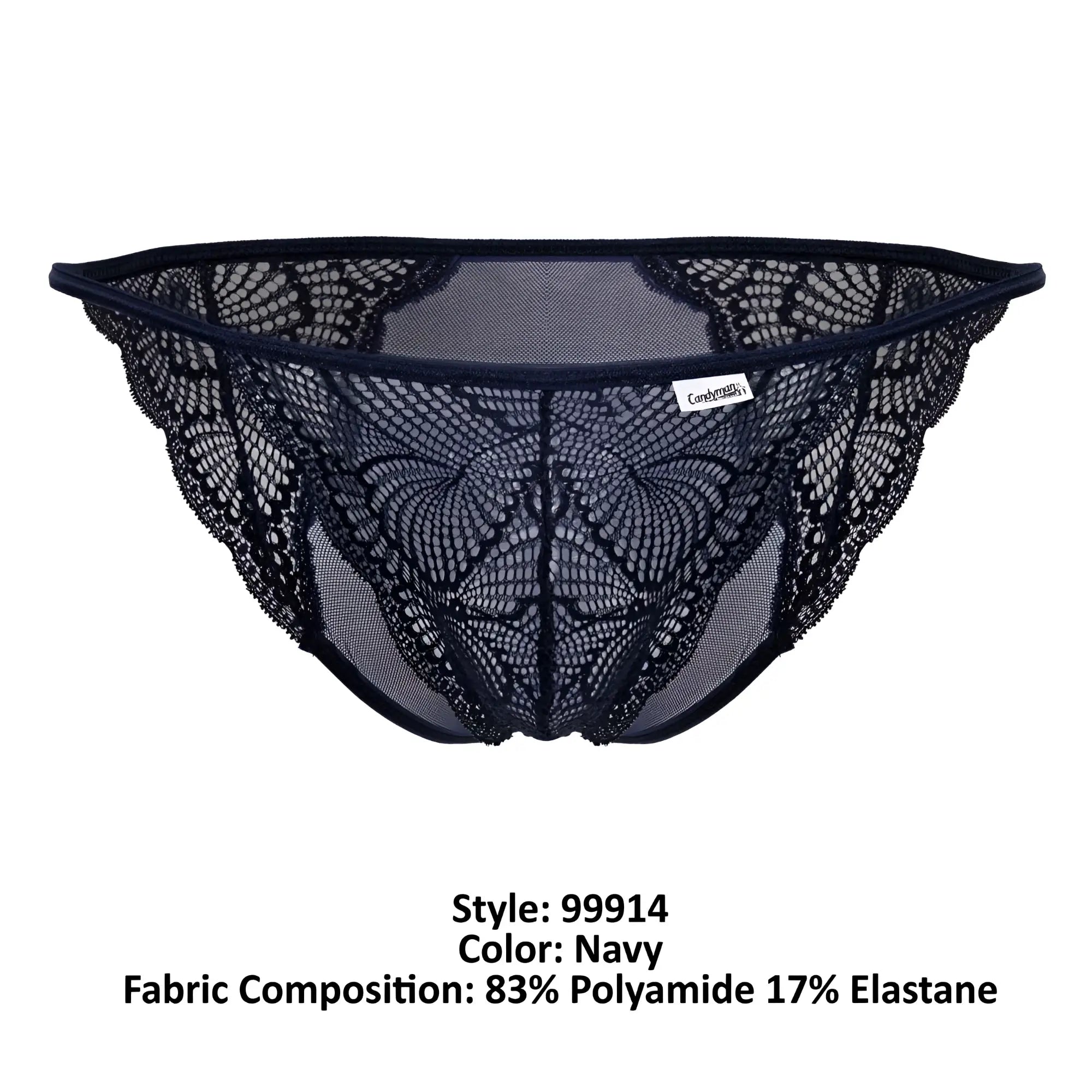 Navy lace thong CandyMan 99914 with intricate butterfly pattern and mesh detailing front view