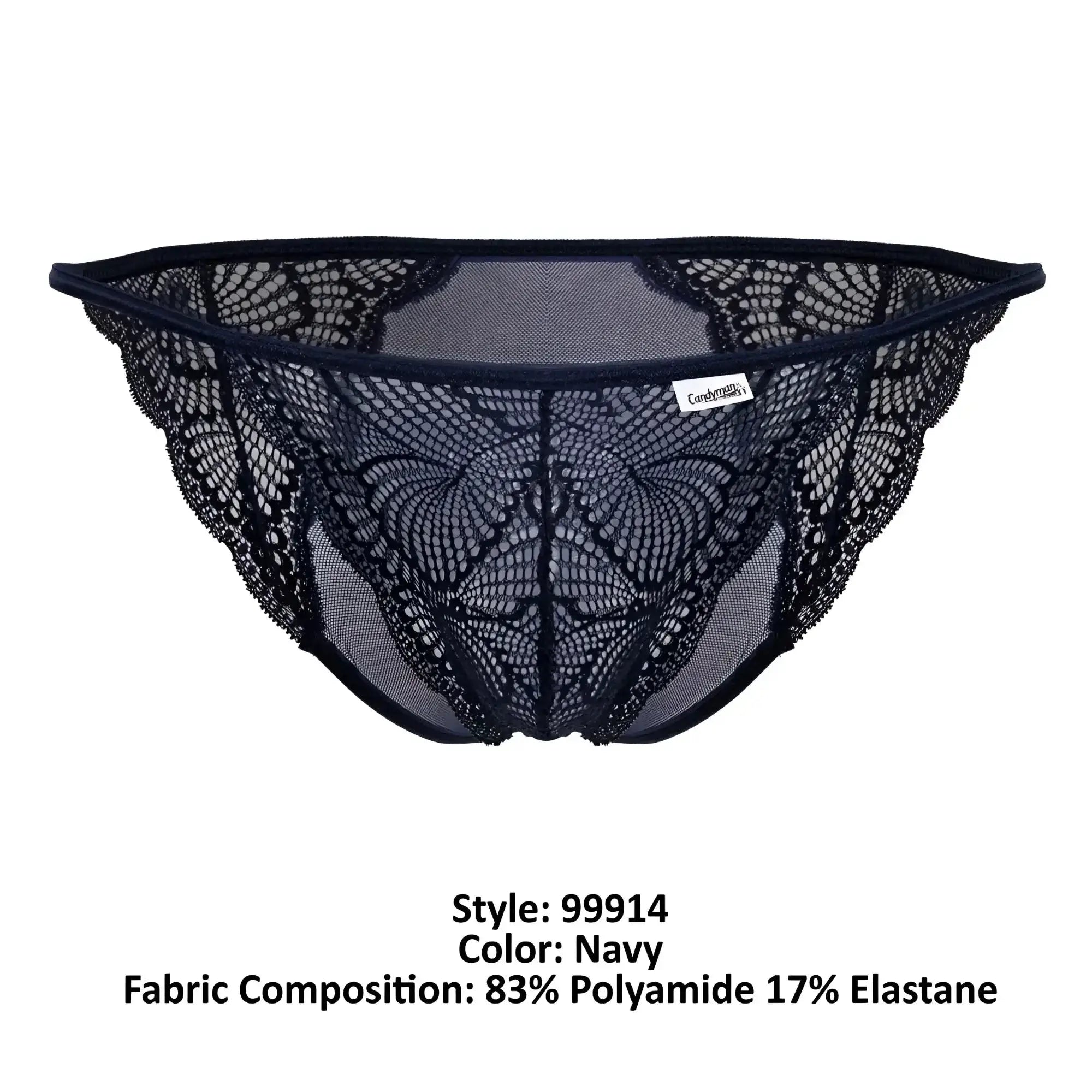 Navy lace thong CandyMan 99914 with intricate butterfly pattern and mesh detailing front view