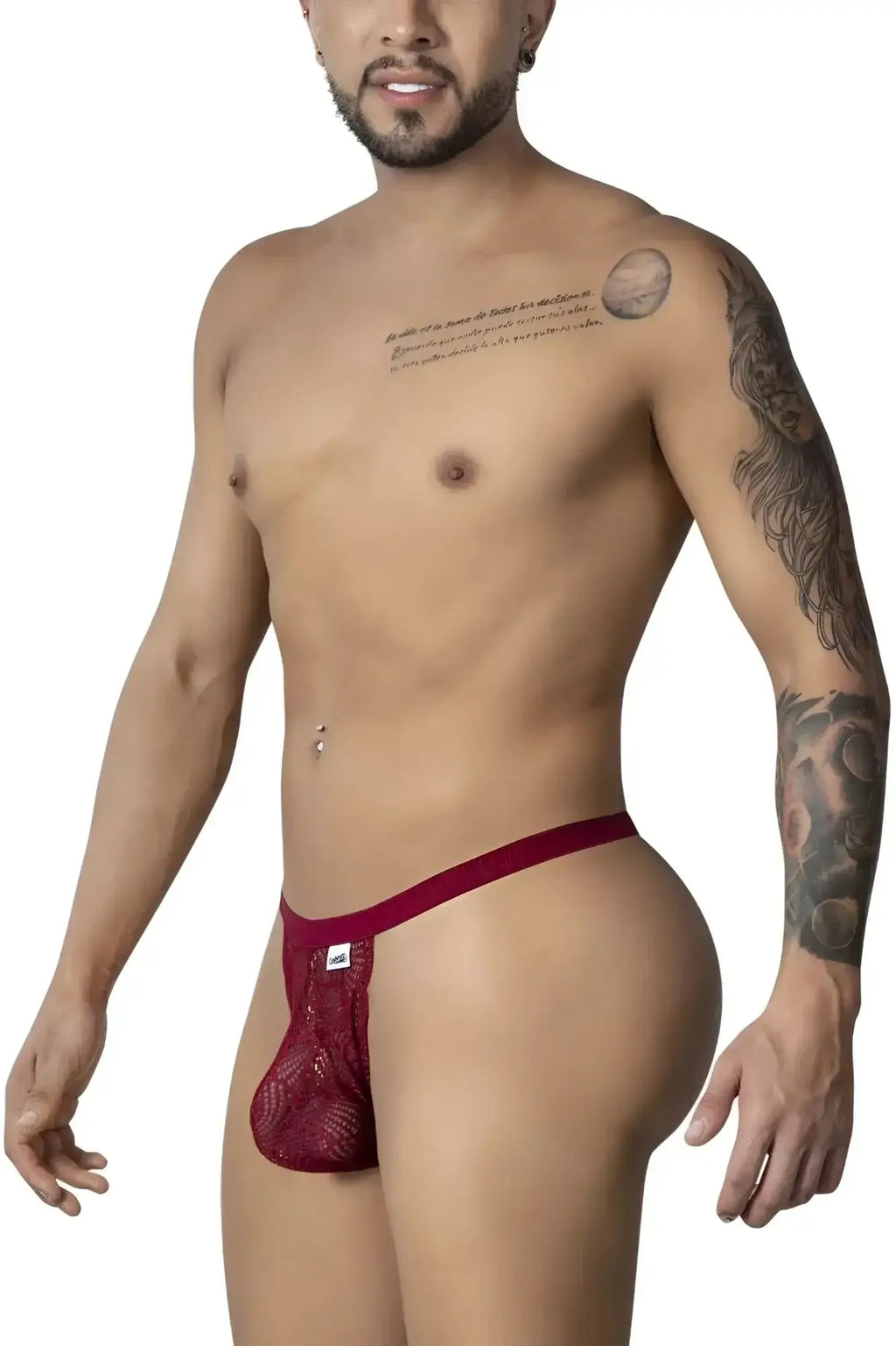 Burgundy candyman 99915 lace thong featuring a textured patterned design and a small white brand tag on the waistband