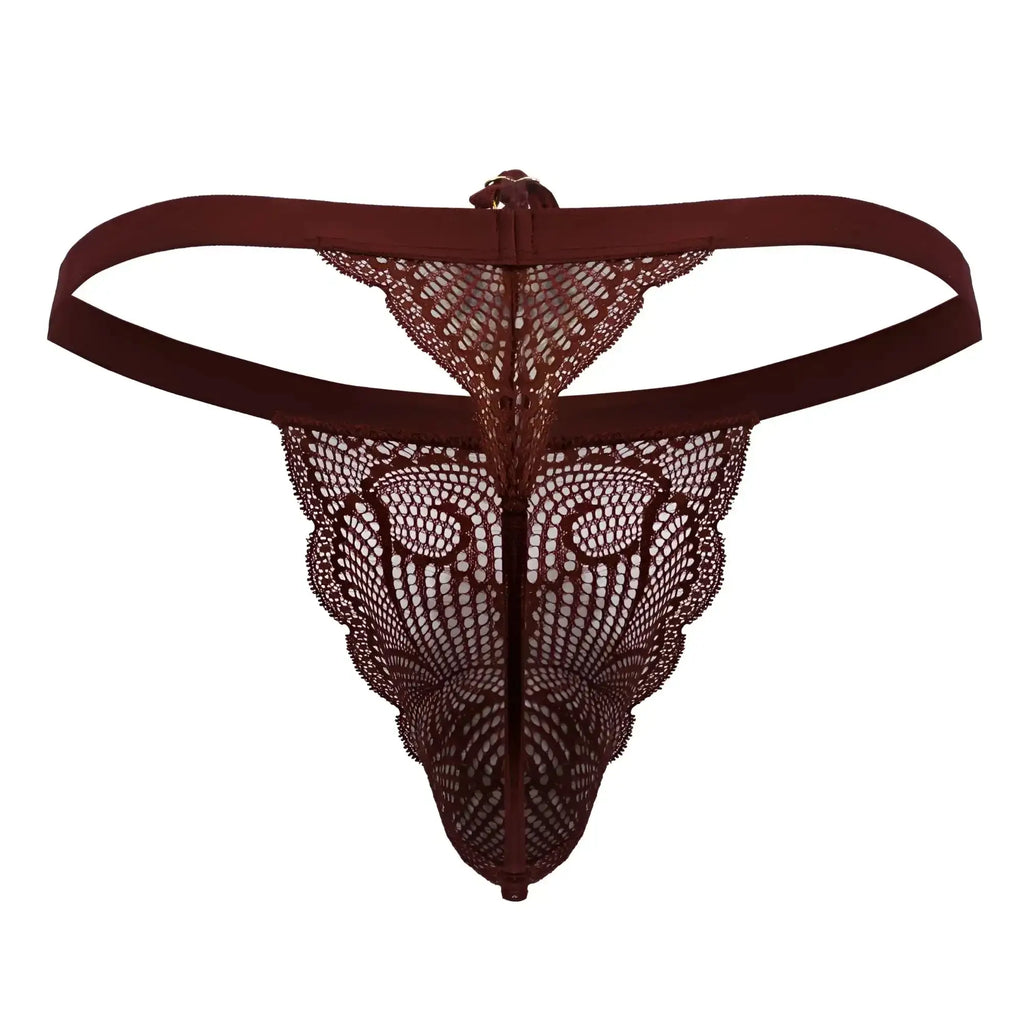 A maroon candy man 99915 lace thong with an intricate pattern and solid fabric waistband