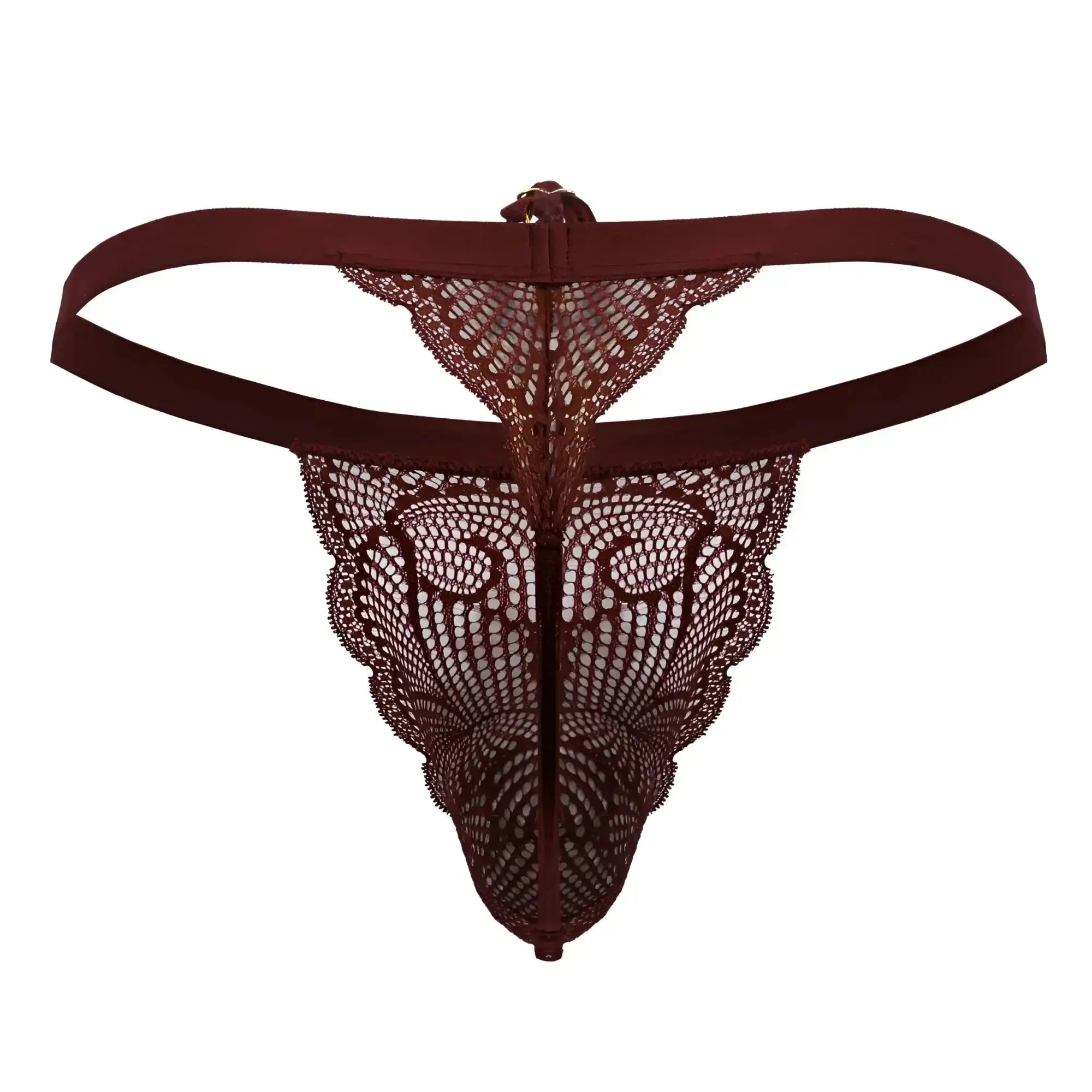 A maroon candy man 99915 lace thong with an intricate pattern and solid fabric waistband