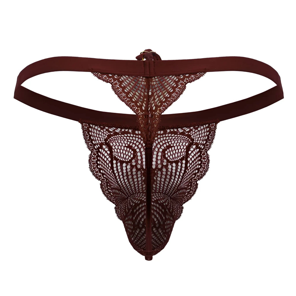 A maroon candy man 99915 lace thong with an intricate pattern and solid fabric waistband