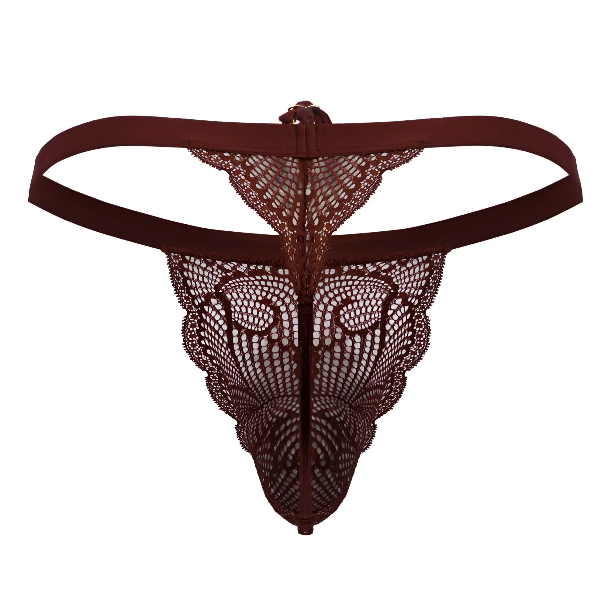 A maroon candy man 99915 lace thong with an intricate pattern and solid fabric waistband