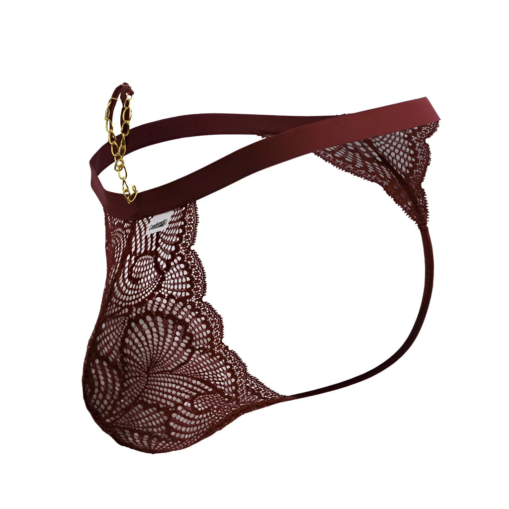 Back view of candyman 99915 burgundy lace thong with gold chain detail and delicate lace material