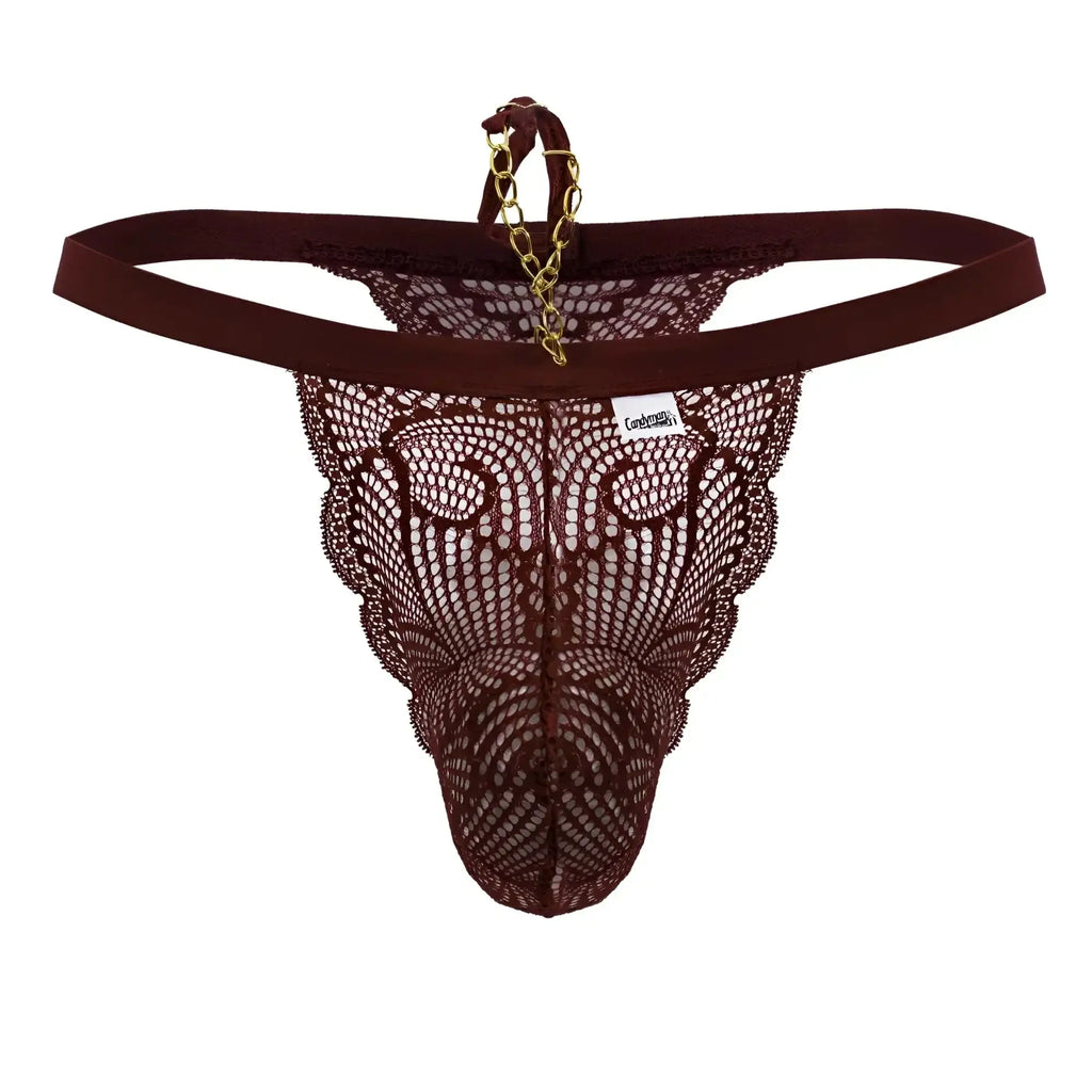 Back view of candyman 99915 burgundy lace thong with gold chain detail at the back
