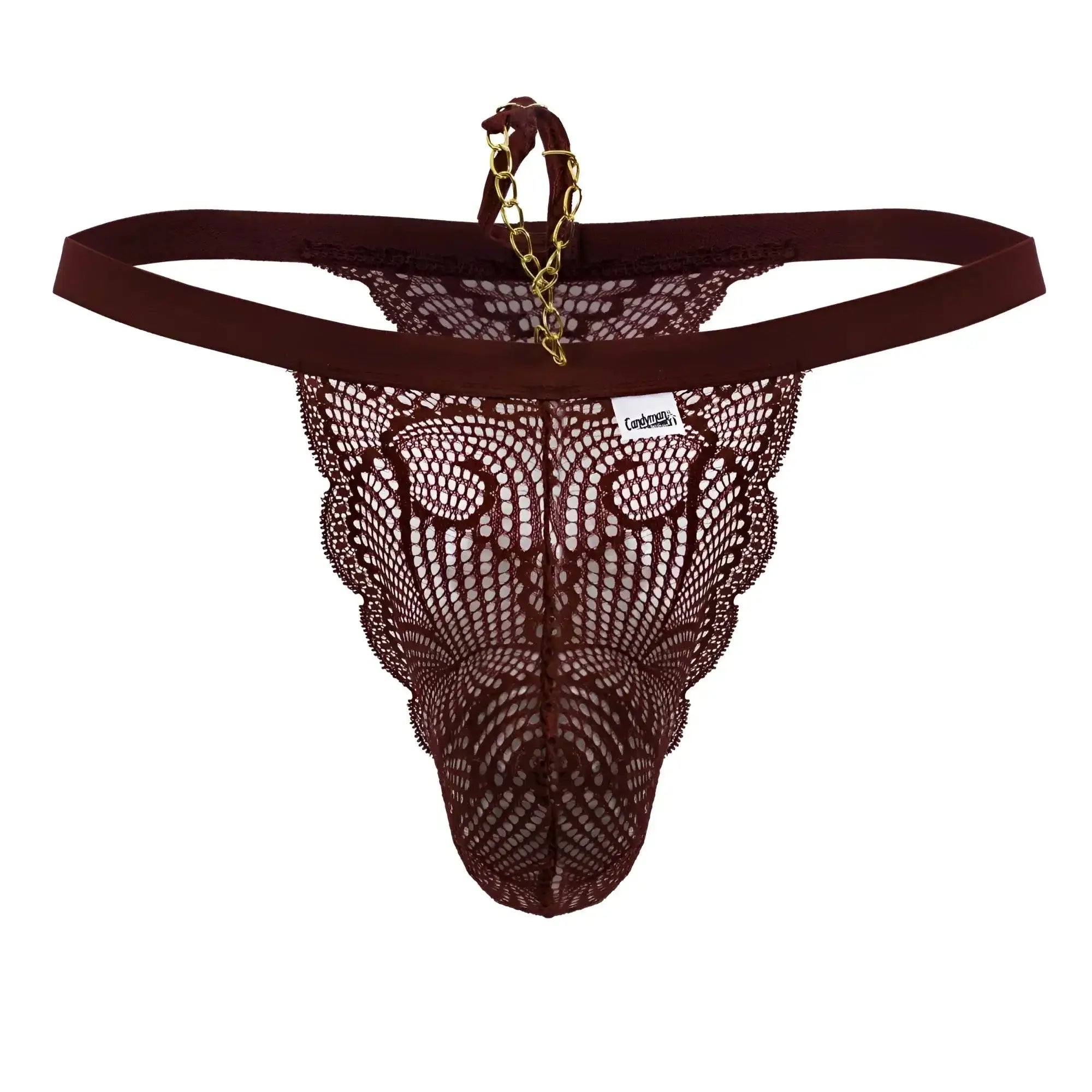 Back view of candyman 99915 burgundy lace thong with gold chain detail at the back