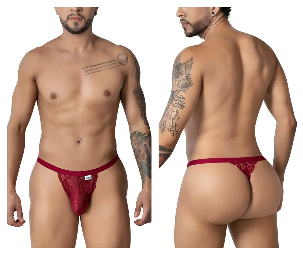 CandyMan 99915 burgundy lace thong with intricate pattern and small brand tag on front in red lace material