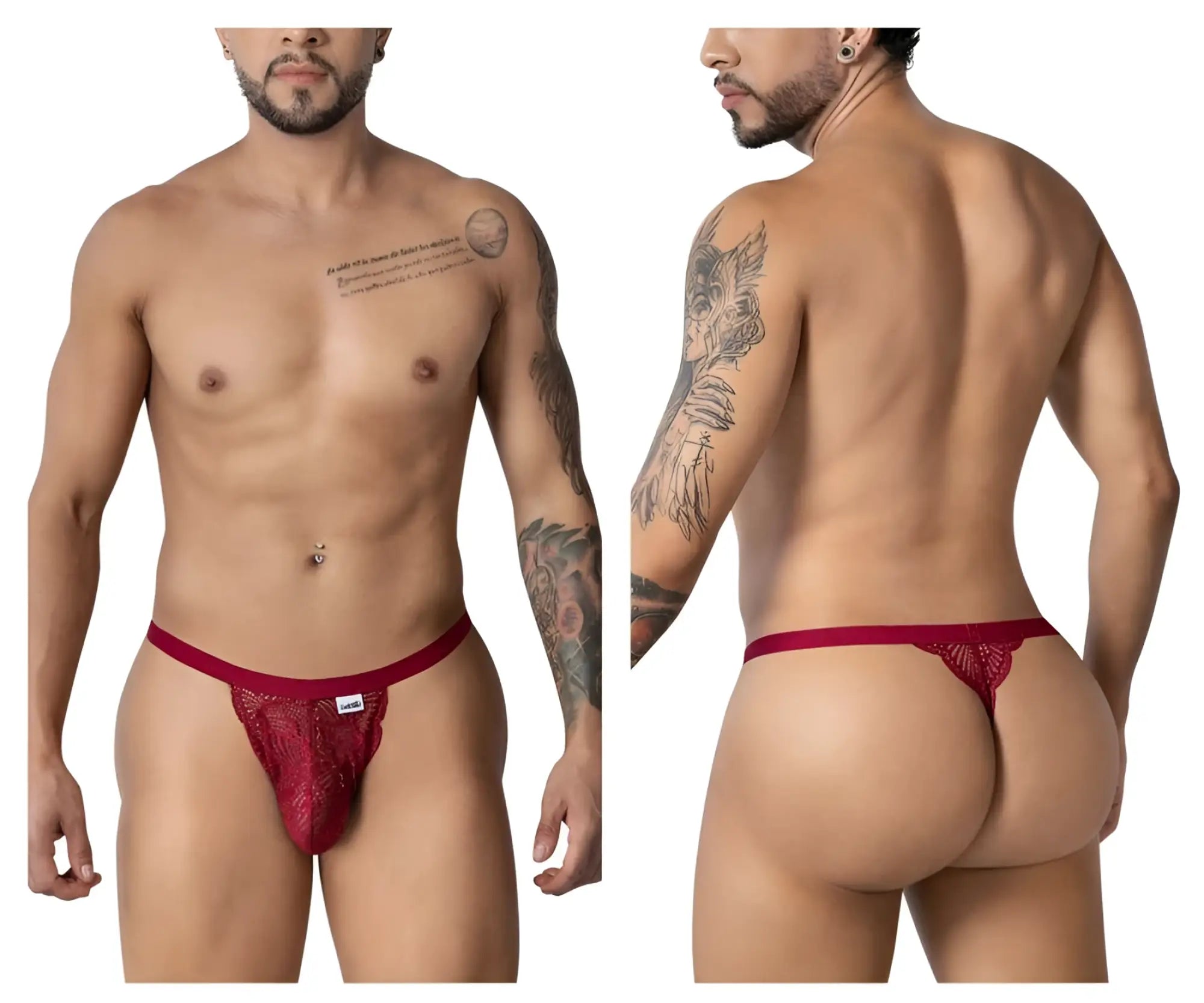 CandyMan 99915 burgundy lace thong with intricate pattern and small brand tag on front in red lace material