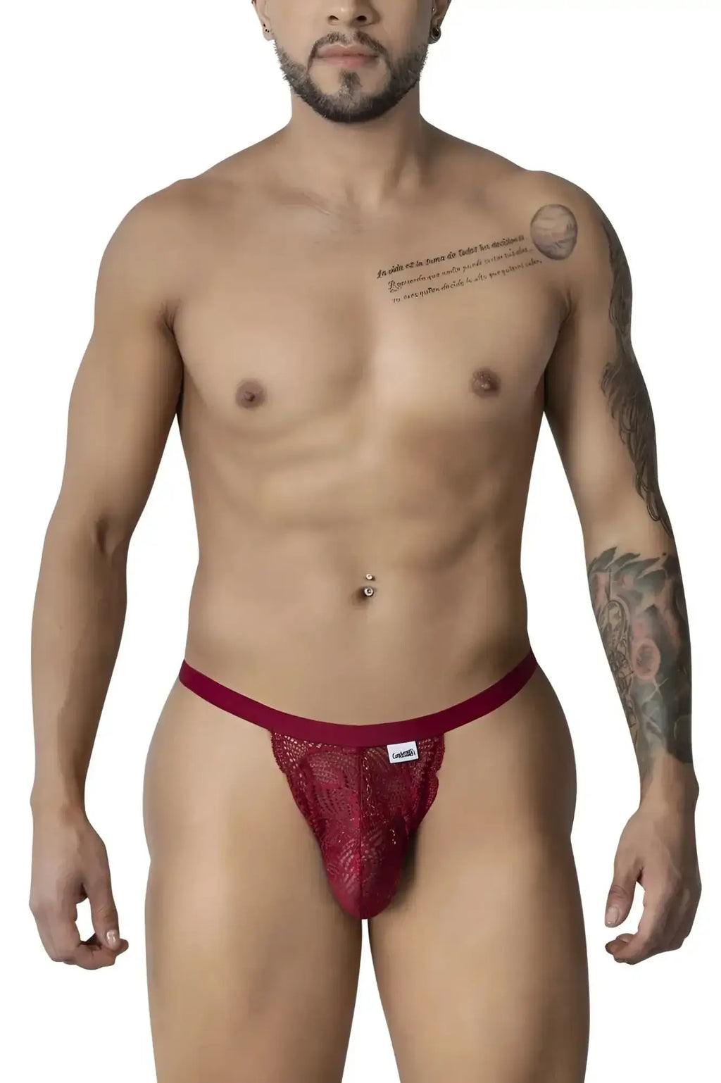 Burgundy candyMan 99915 lace thong with a solid waistband and small white brand tag in back view