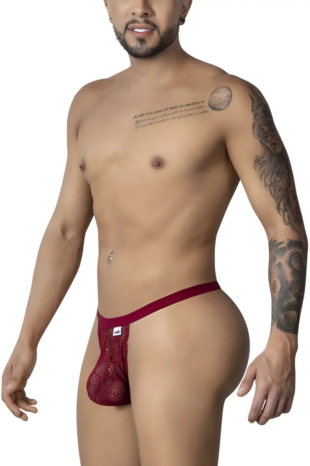 Burgundy candyman 99915 lace thong featuring a textured patterned design and a small white brand tag on the waistband