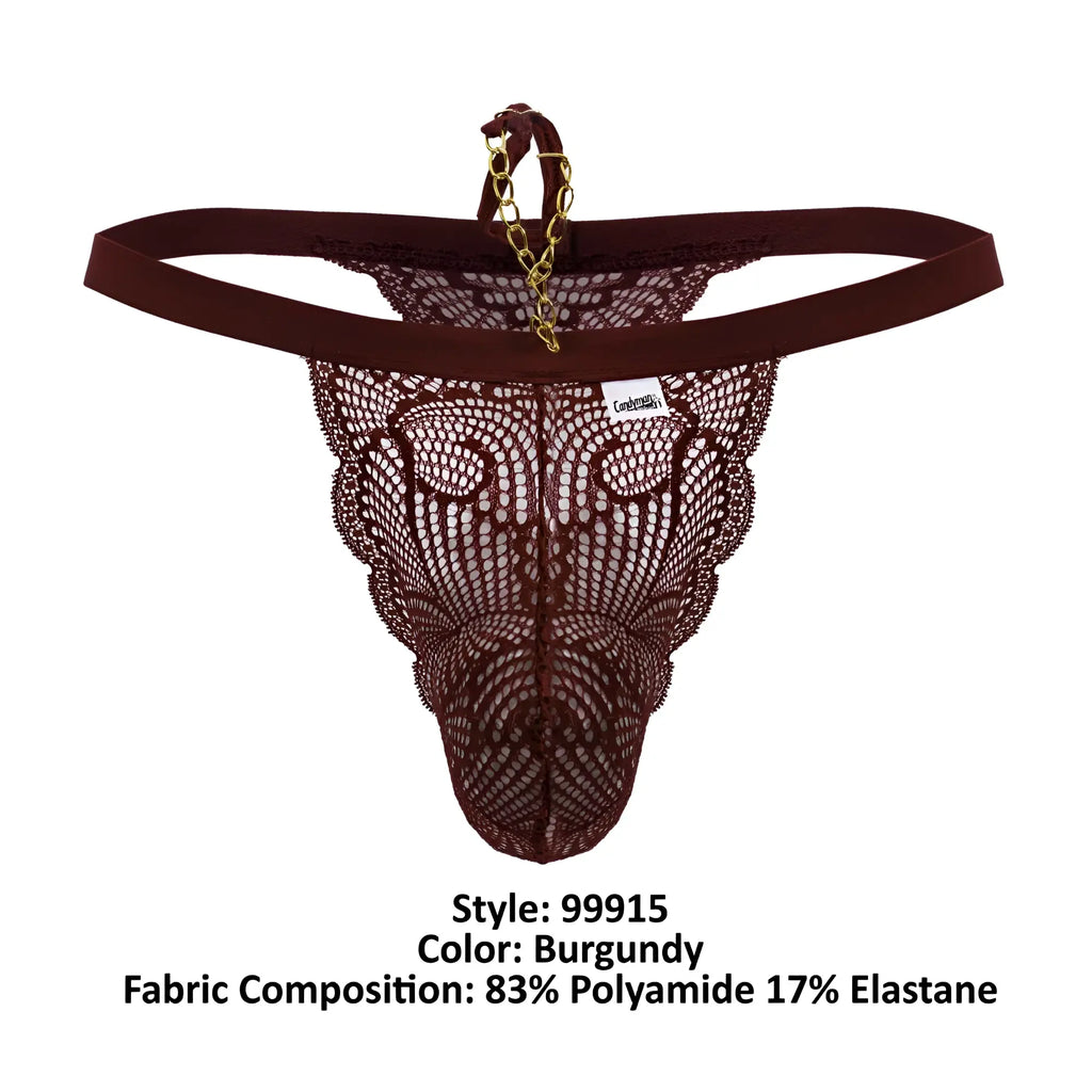 Back view of candyman 99915 burgundy lace thong with gold chain detail on the back