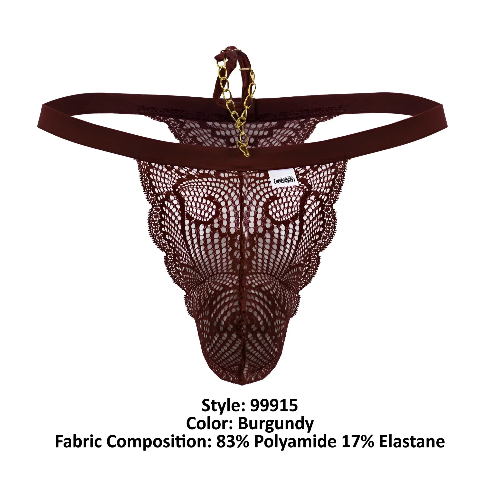 Back view of candyman 99915 burgundy lace thong with gold chain detail on the back