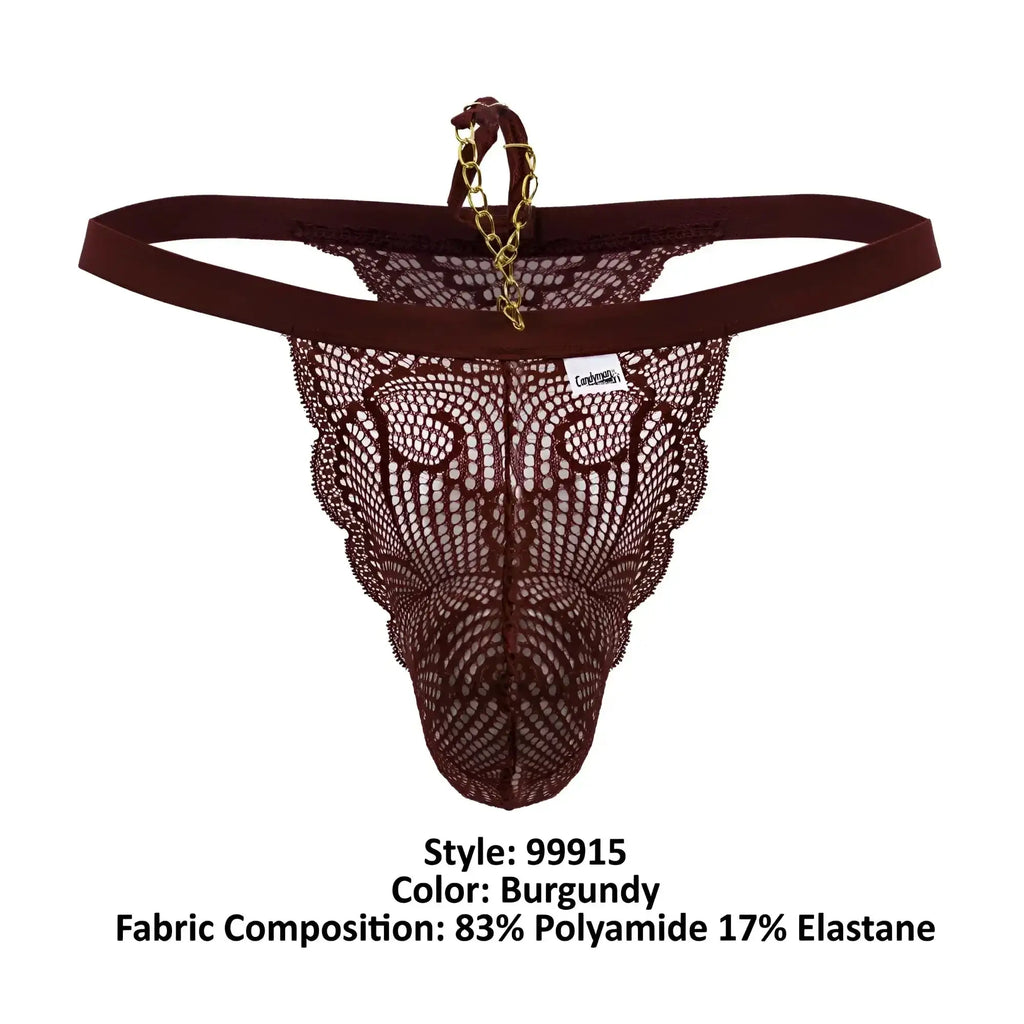 Back view of candyman 99915 burgundy lace thong with gold chain detail on the back