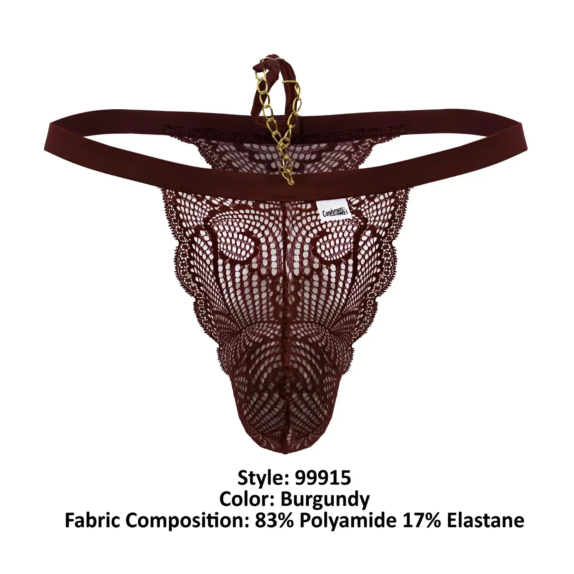 Back view of candyman 99915 burgundy lace thong with gold chain detail on the back