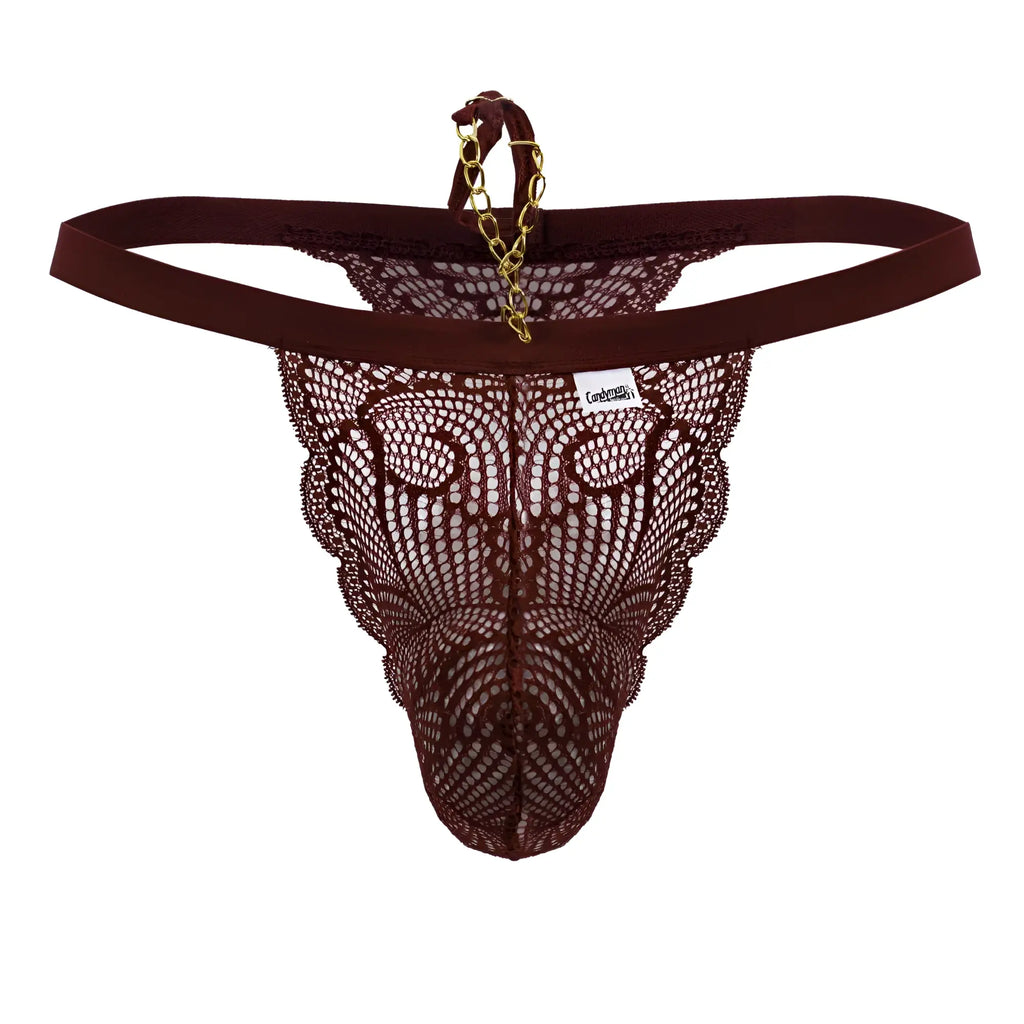 Back view of candyman 99915 burgundy lace thong with gold chain detail at the back