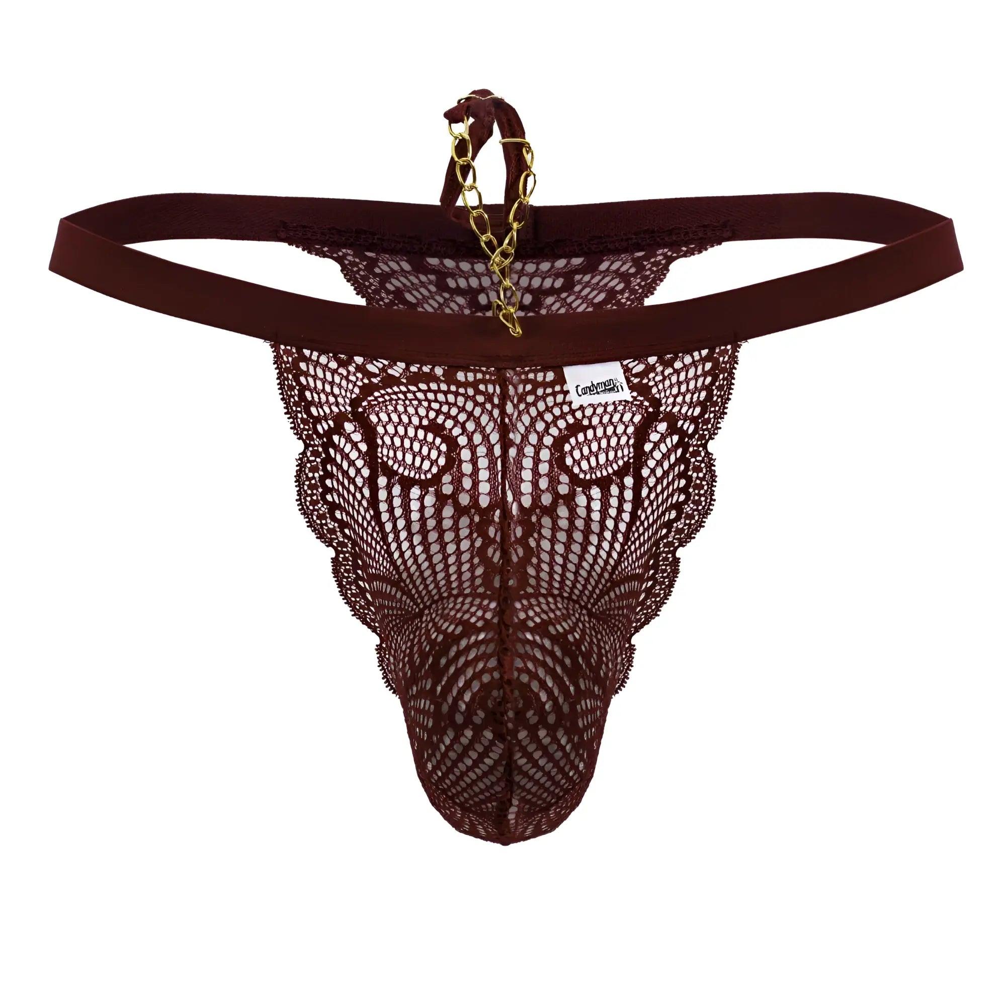 Back view of candyman 99915 burgundy lace thong with gold chain detail at the back