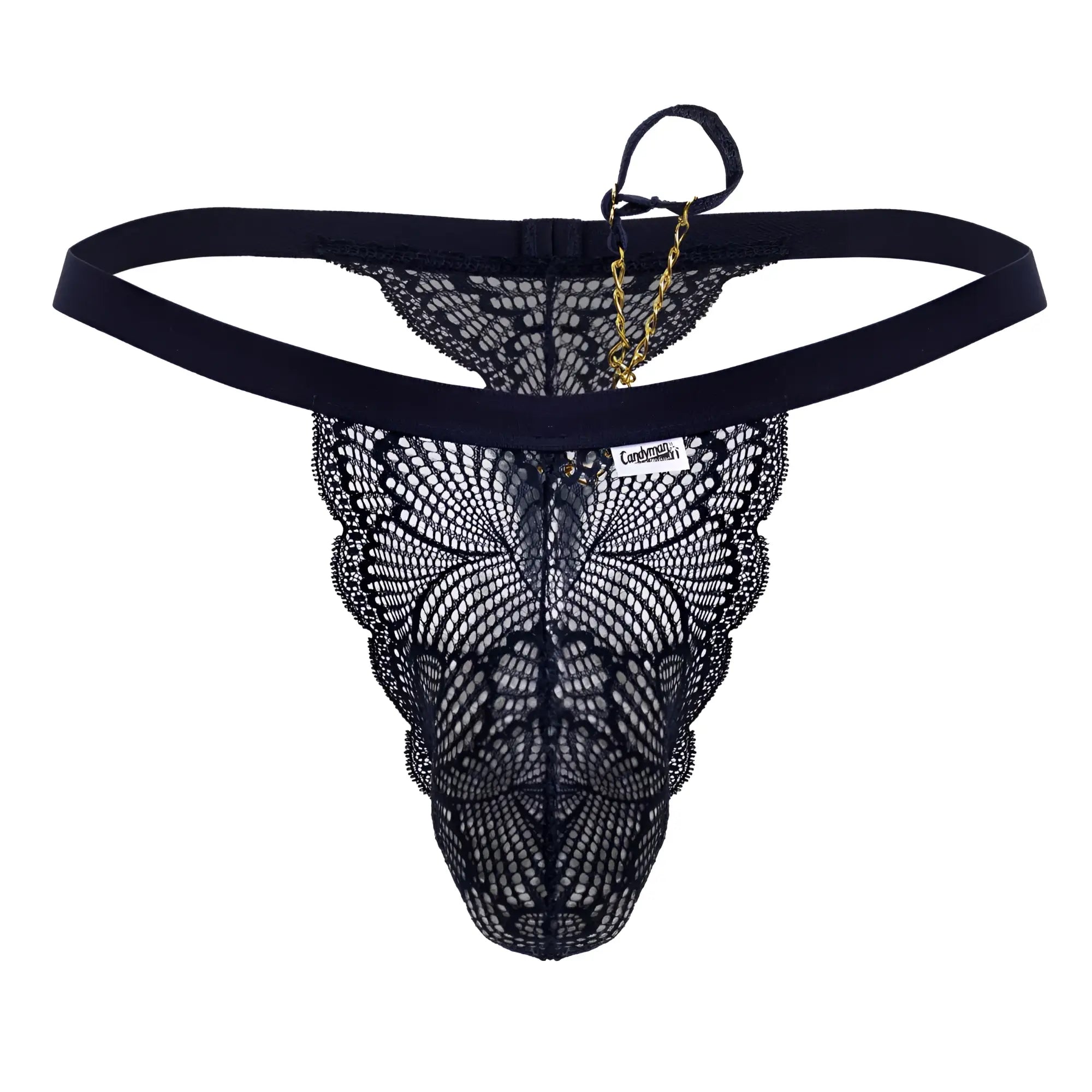 CandyMan 99915 navy lace thong with black butterfly pattern and gold chain detail shown from the back side
