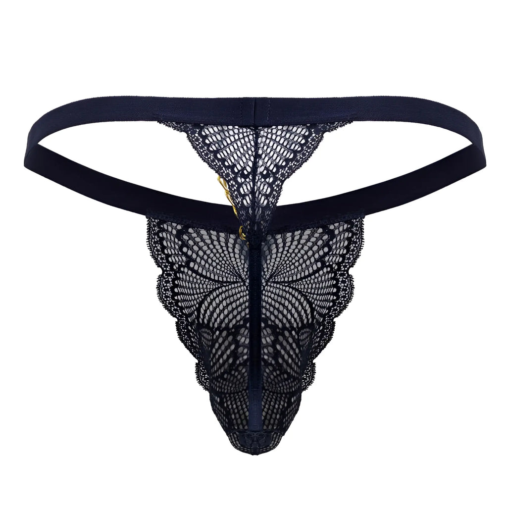 Navy candyMan 99915 lace thong with scalloped edges and central zipper detail
