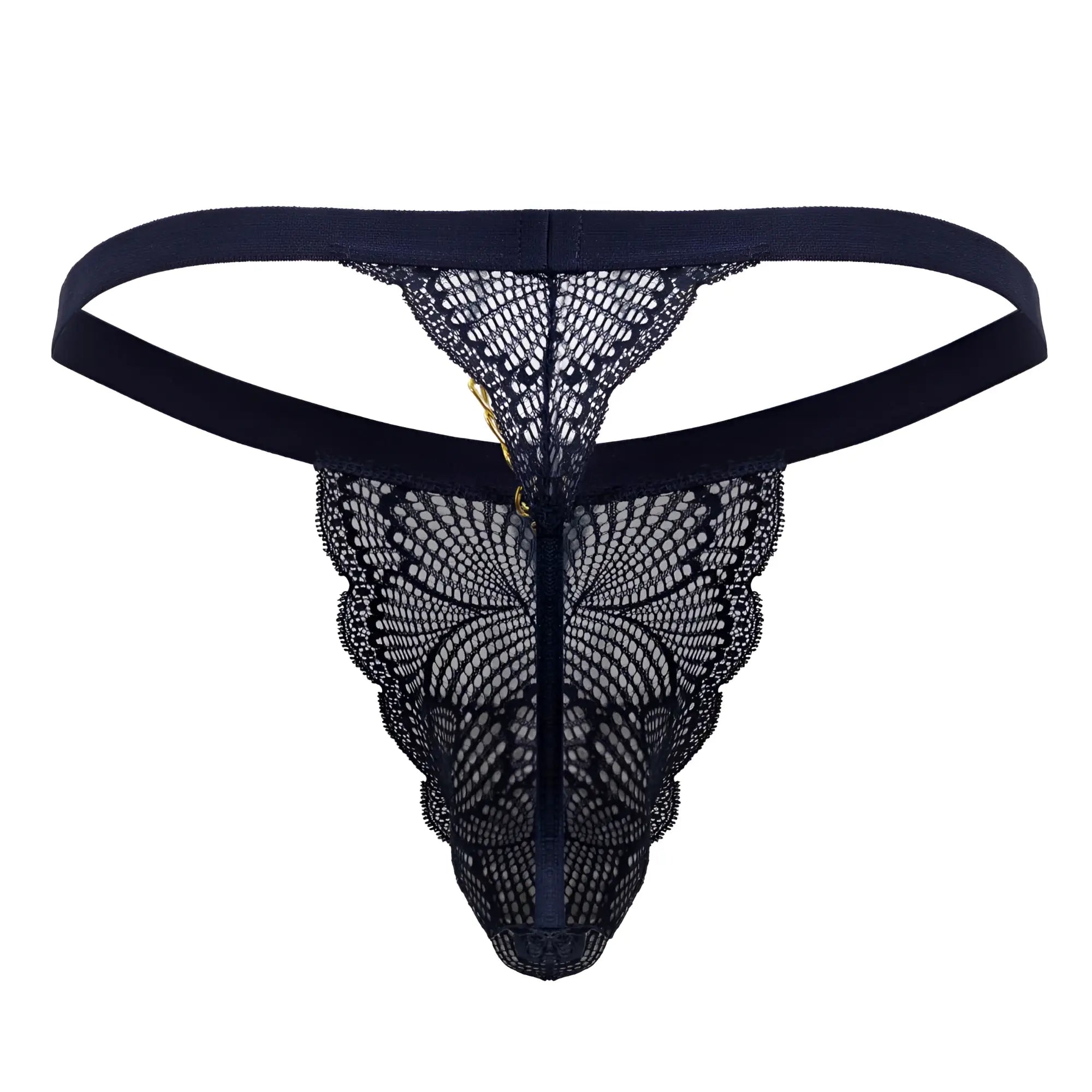 Navy candyMan 99915 lace thong with scalloped edges and central zipper detail