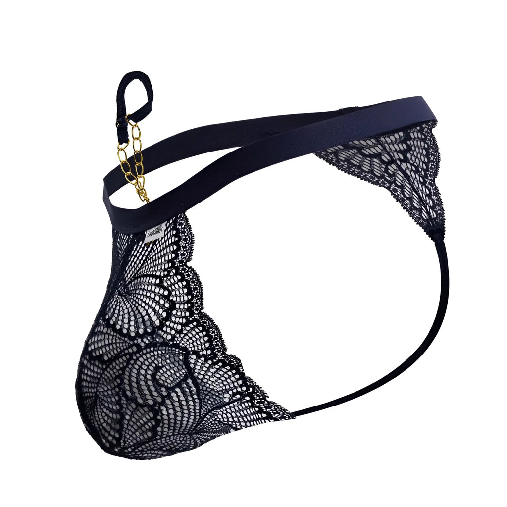 Black lace thong with gold chain accent and elastic waistband from candyman 99915 lace thongs color navy