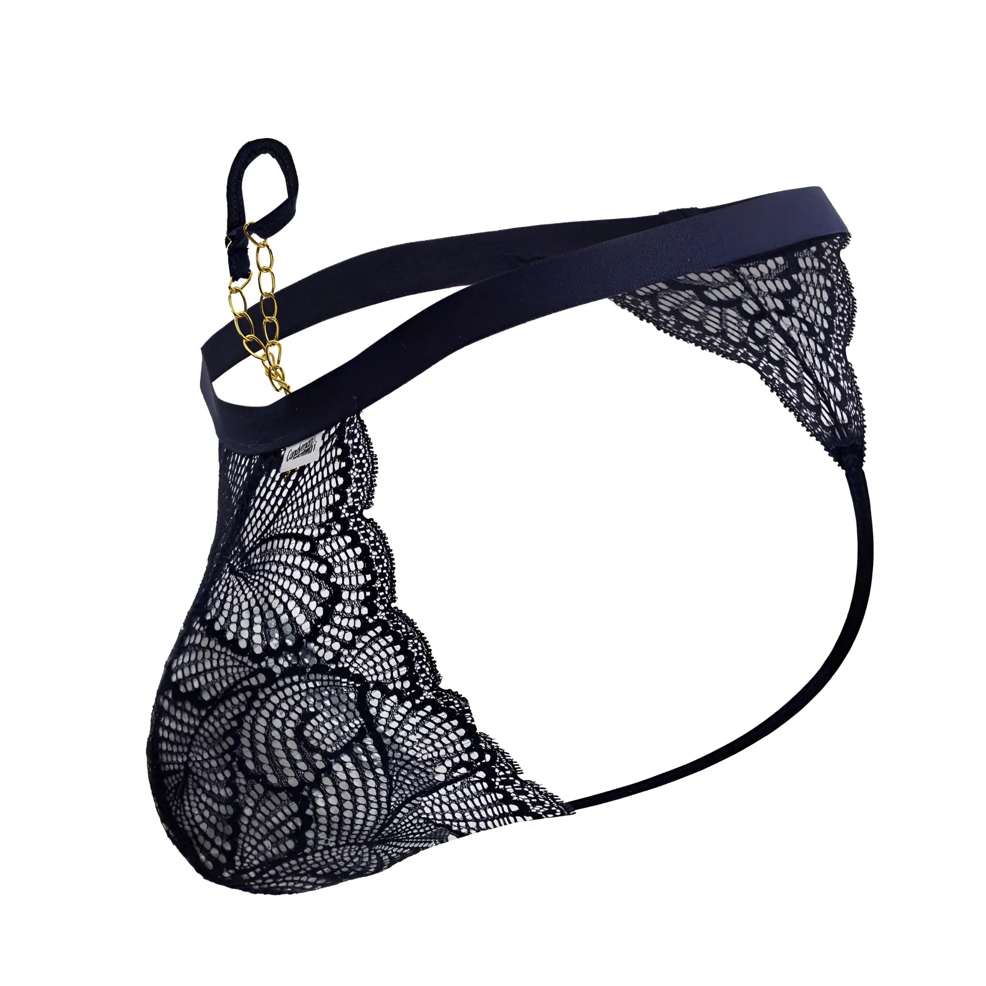 Black lace thong with gold chain accent and elastic waistband from candyman 99915 lace thongs color navy
