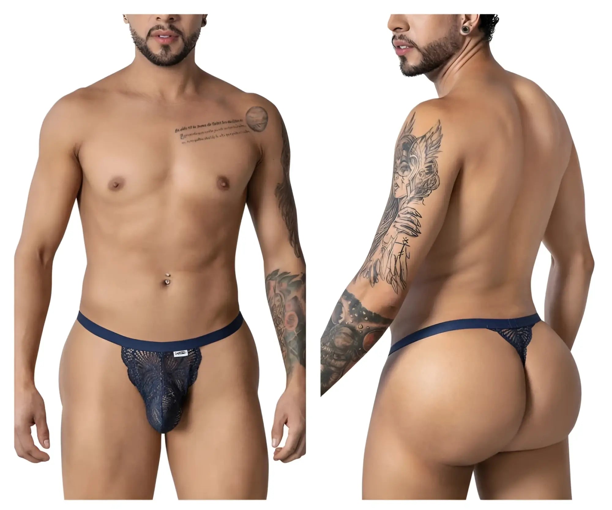 Navy blue CandyMan 99915 lace thong with subtle pattern and branded tag on waistband showing front side