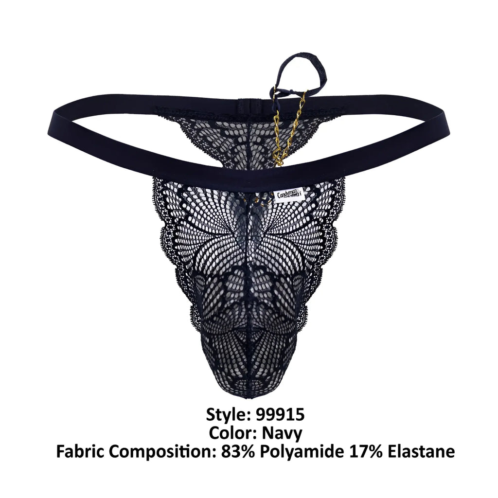 Navy lace thong candyman 99915 with delicate butterfly pattern and gold chain accent on the back side