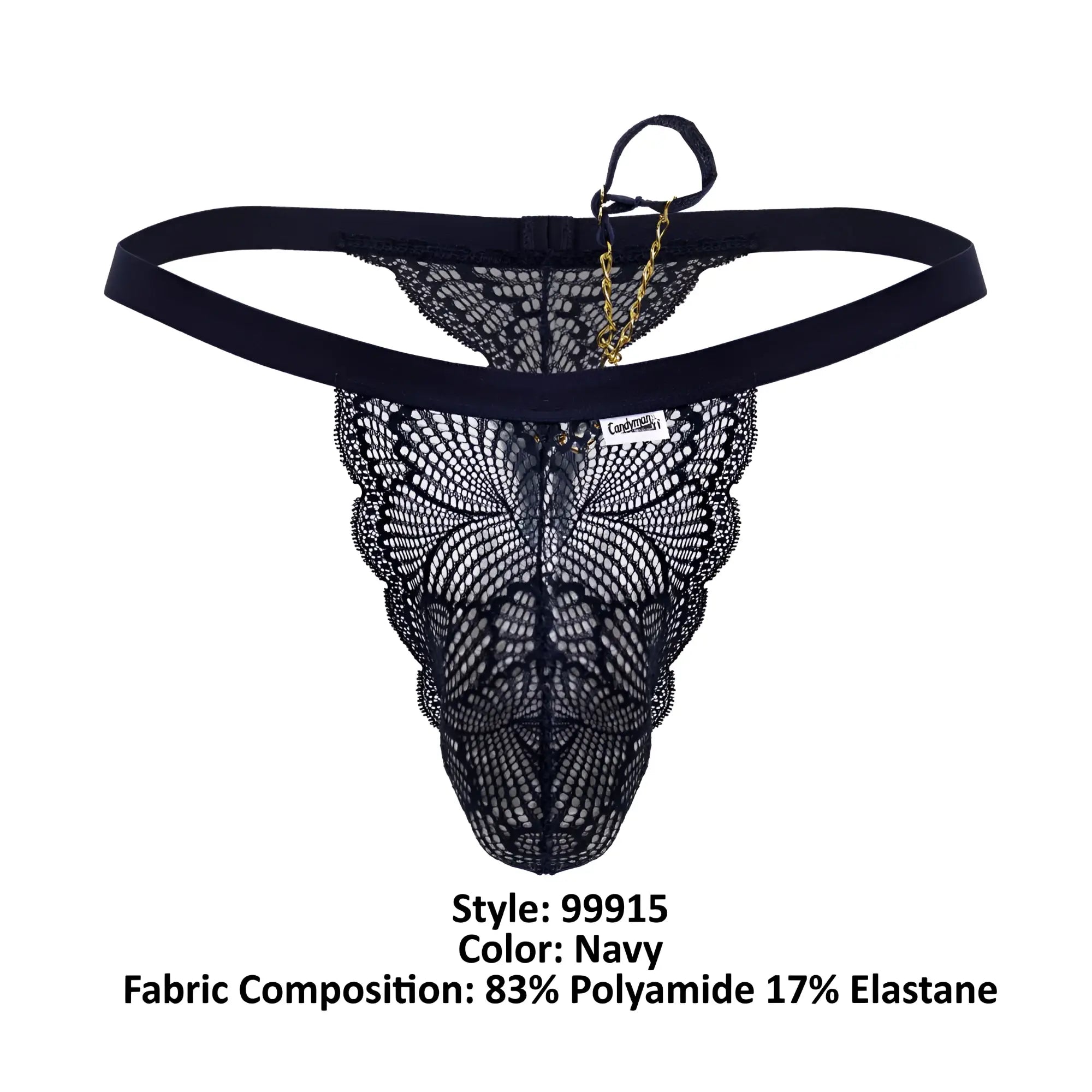 Navy lace thong candyman 99915 with delicate butterfly pattern and gold chain accent on the back side