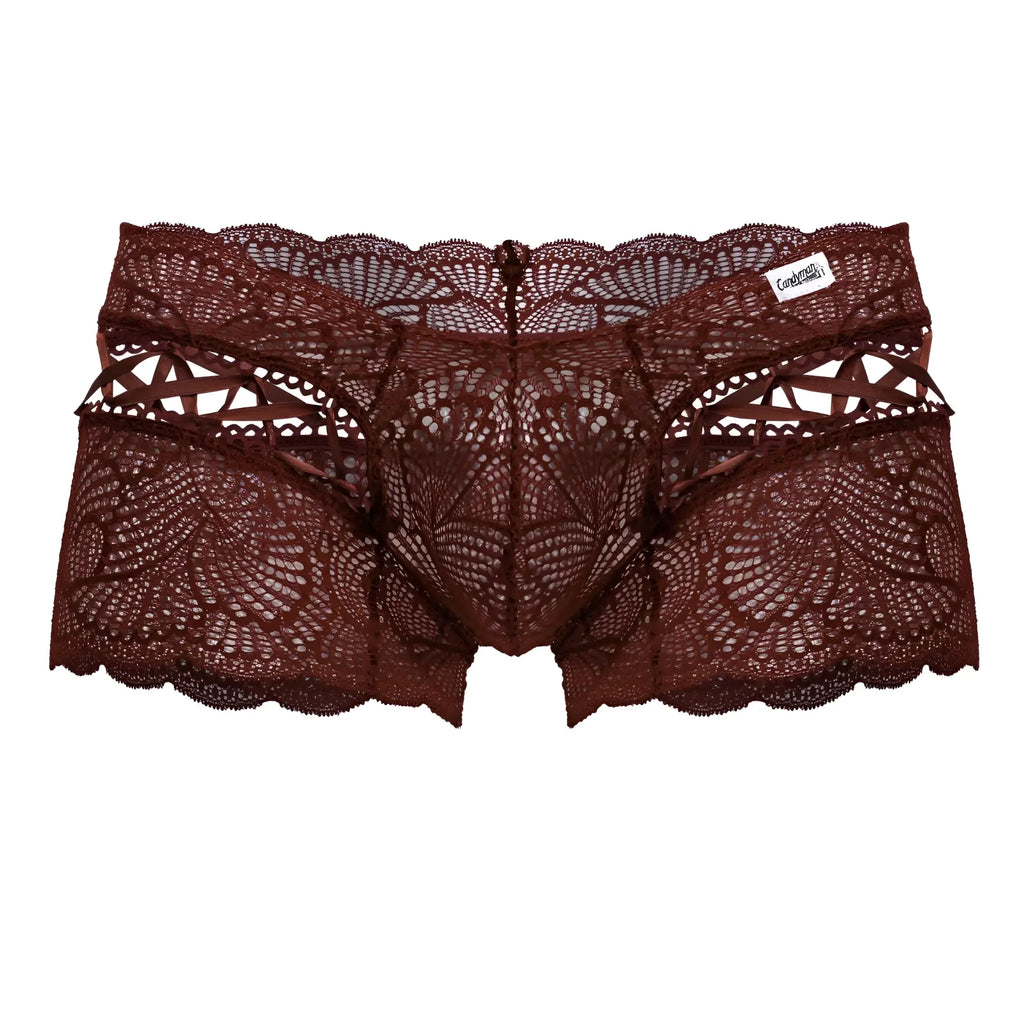 Dark burgundy lace men’s underwear with intricate floral patterns and scalloped edges candyMan 99916 lace trunks