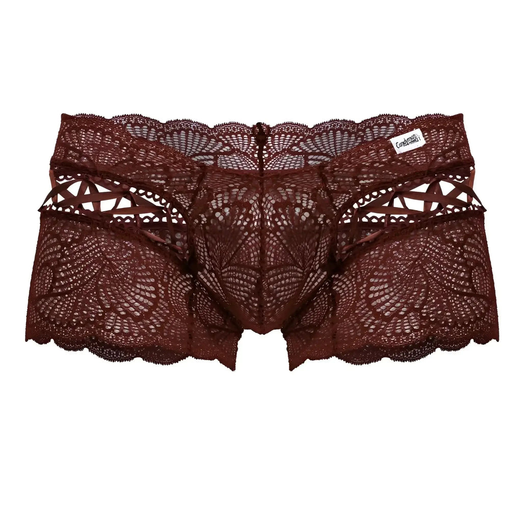 Dark burgundy lace men’s underwear with intricate floral patterns and scalloped edges candyMan 99916 lace trunks