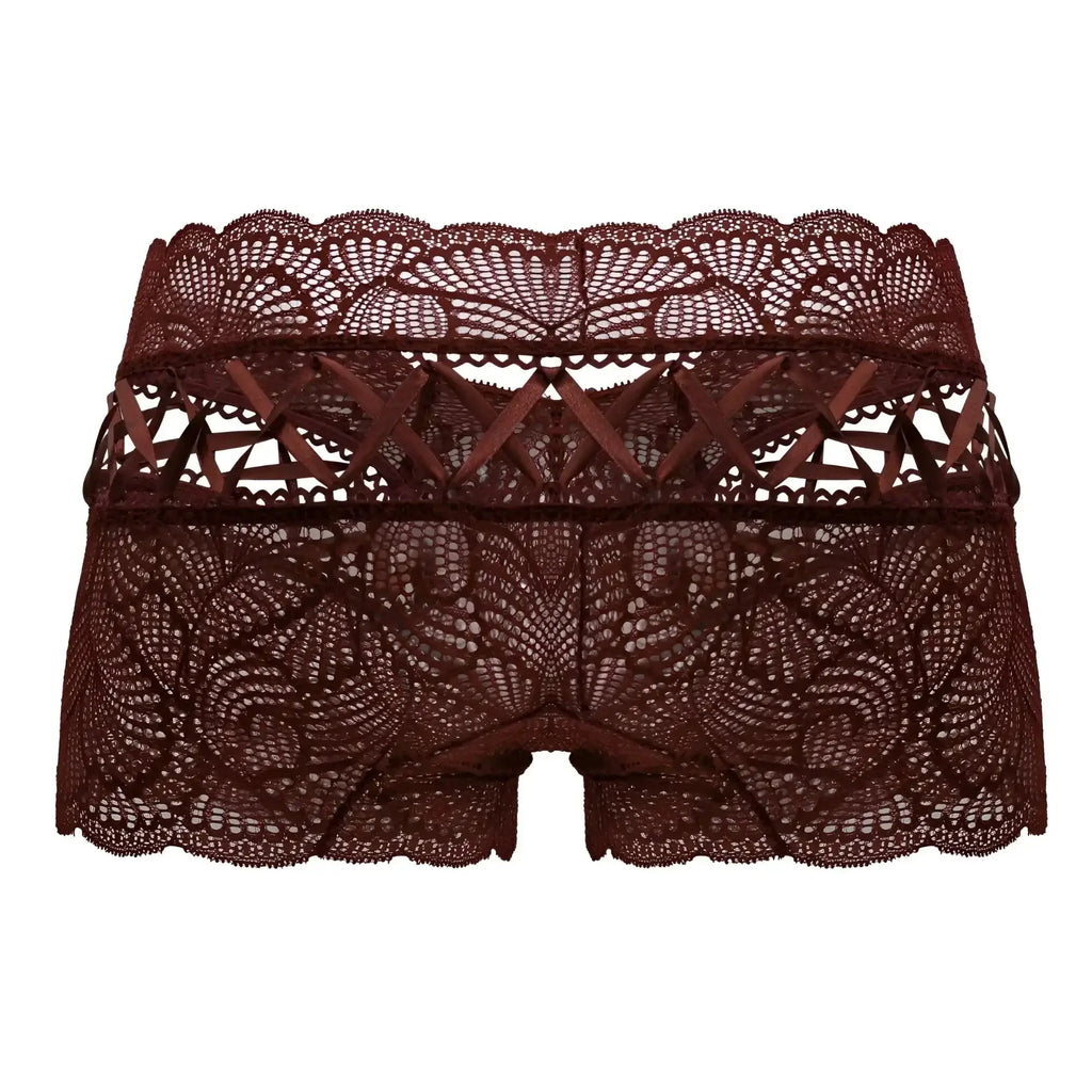 A pair of candyMan 99916 burgundy lace shorts with intricate floral patterns and scalloped edges