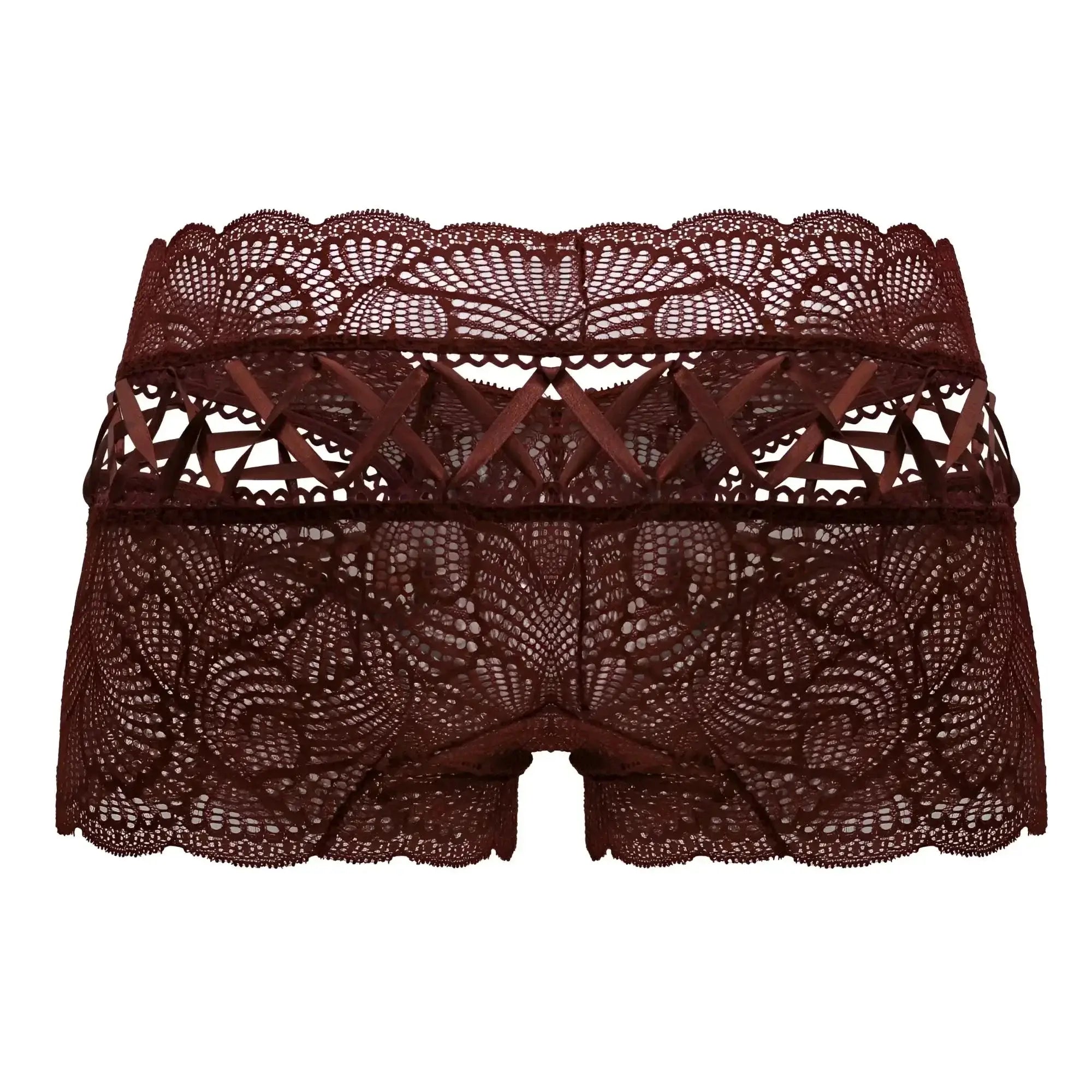 A pair of candyMan 99916 burgundy lace shorts with intricate floral patterns and scalloped edges