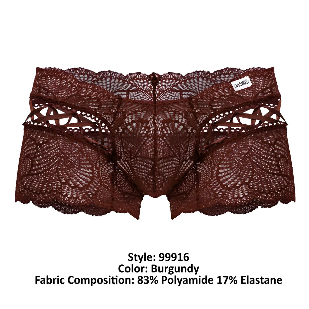 CandyMan 99916 lace trunks burgundy men’s underwear with intricate floral patterns and scalloped edge design