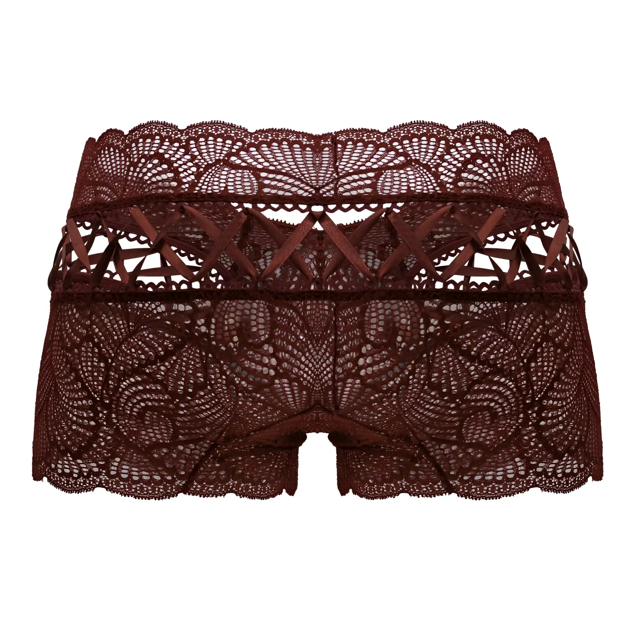 A pair of candyMan 99916 burgundy lace shorts with intricate floral patterns and scalloped edges