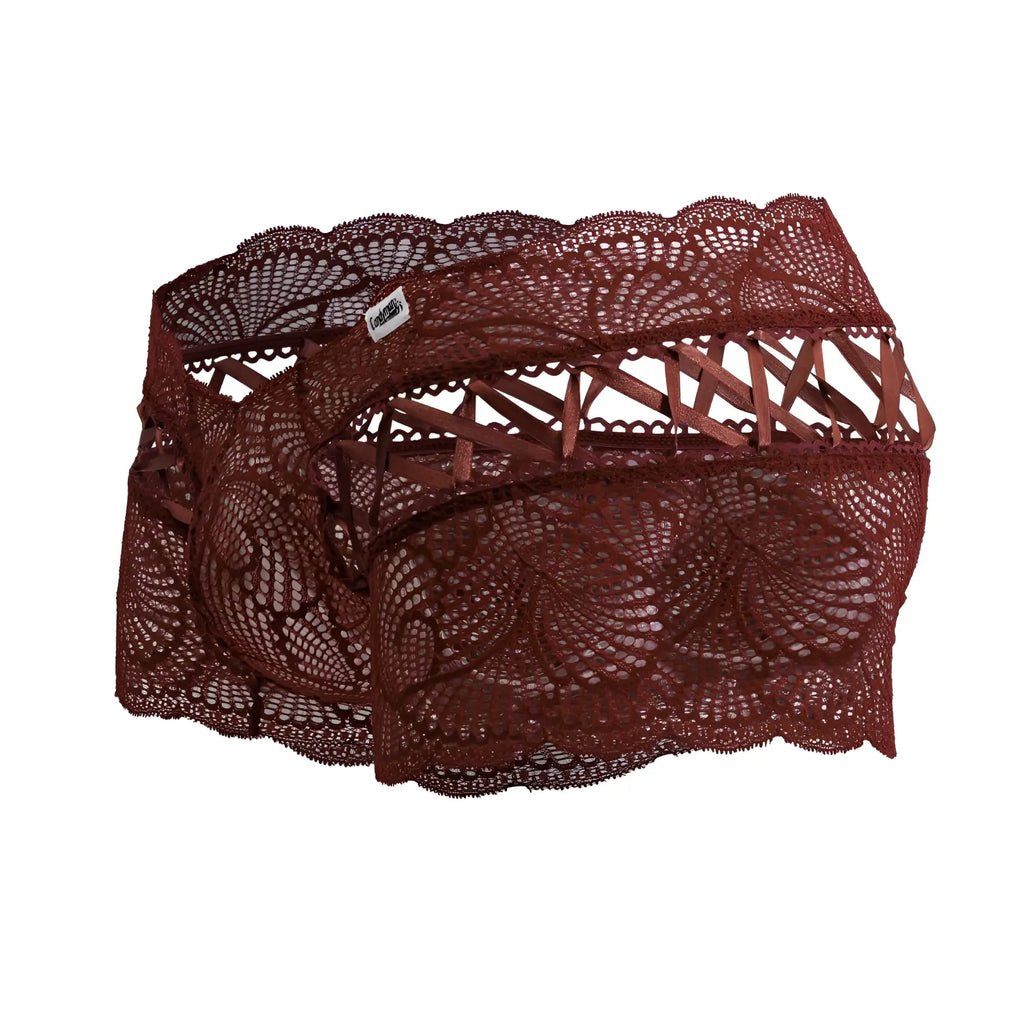 A pair of burgundy lace trunks with intricate floral patterns and scalloped edges from candyman 99916 collection