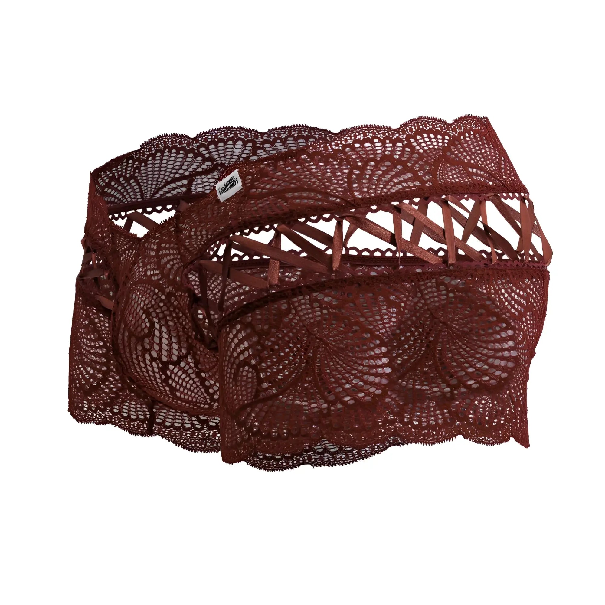 A pair of burgundy lace trunks with intricate floral patterns and scalloped edges from candyman 99916 collection