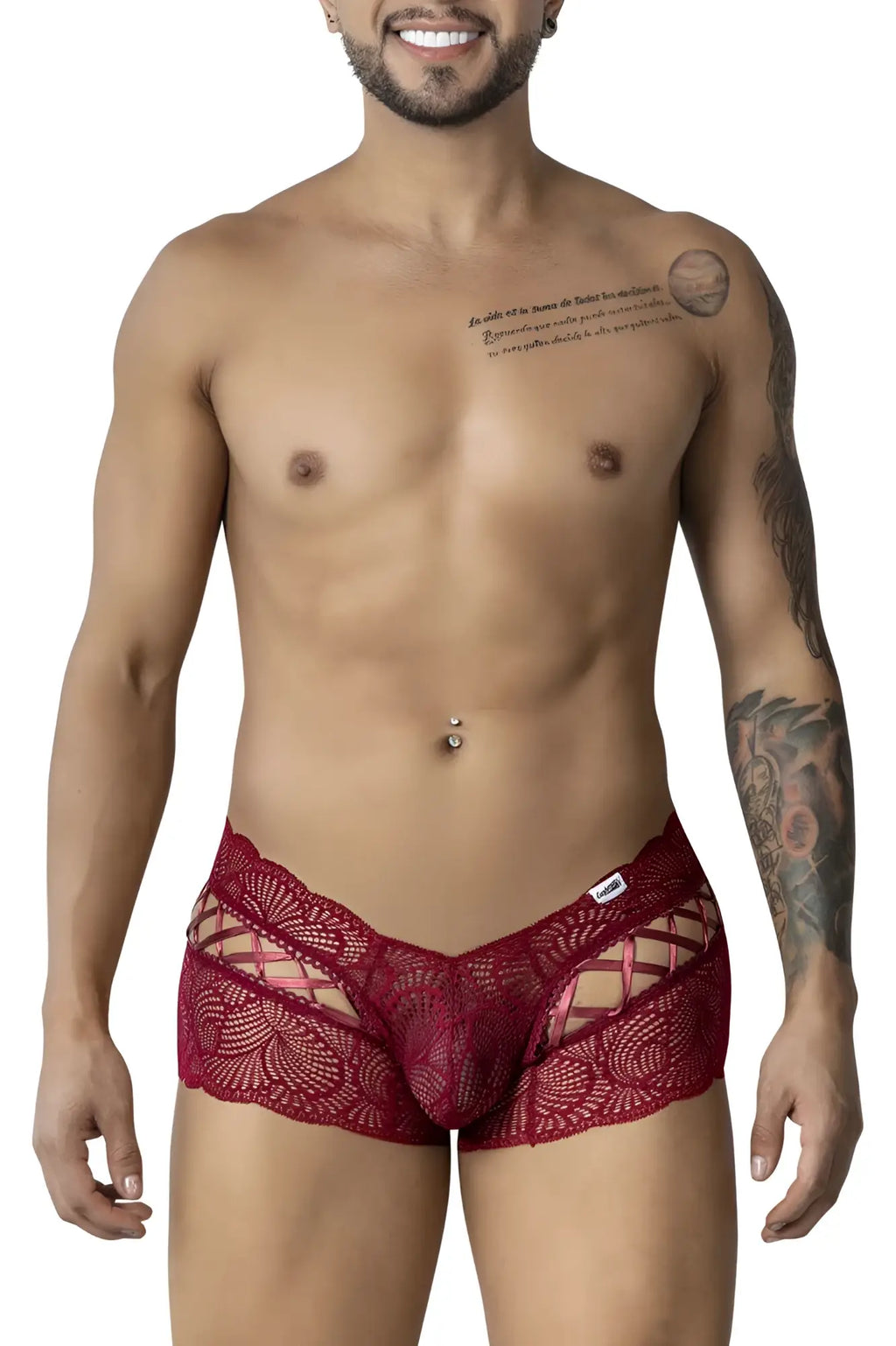 Burgundy CandyMan 99916 lace trunks for men featuring red lace floral patterns and a cut-out design