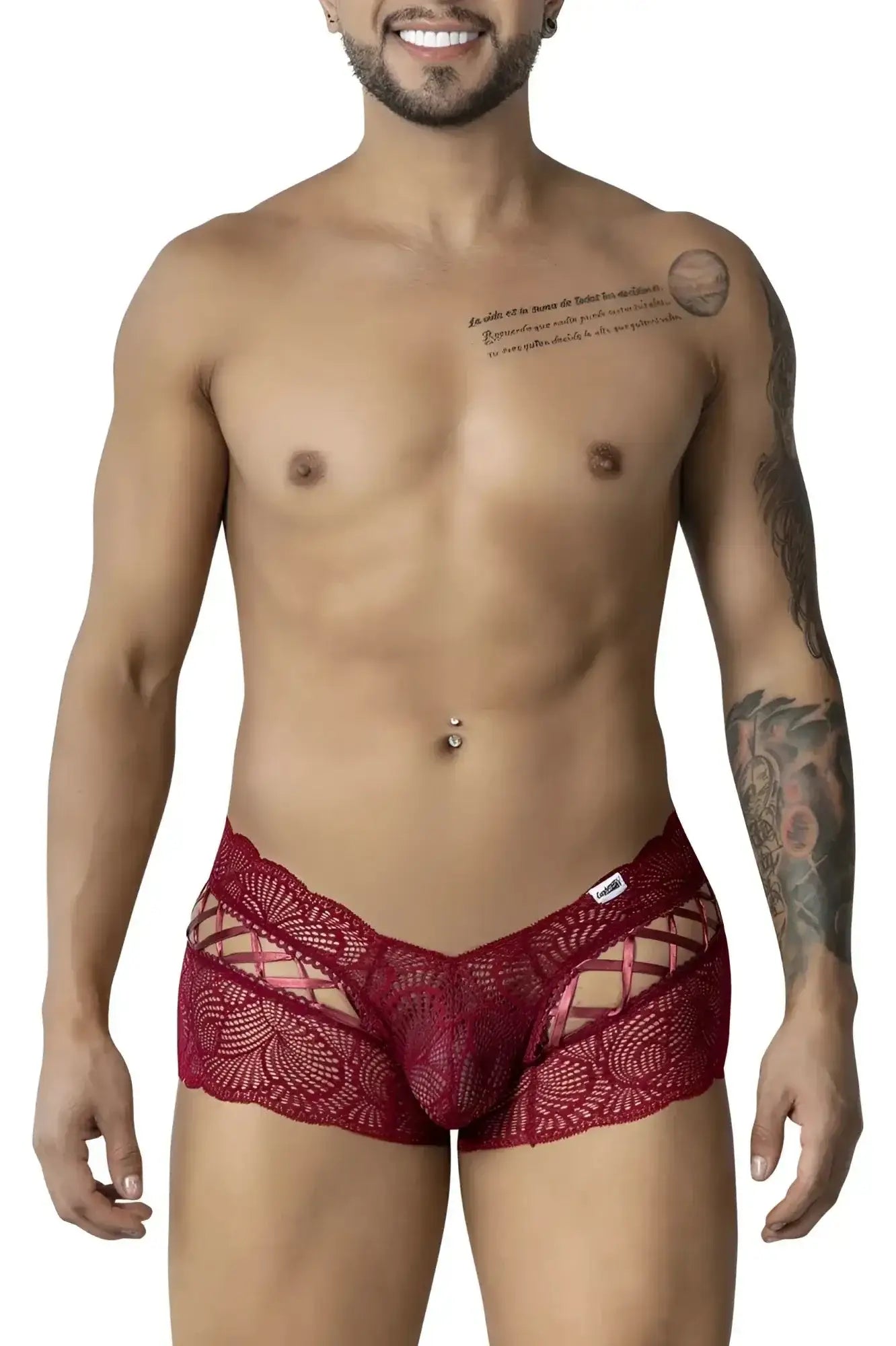 Burgundy CandyMan 99916 lace trunks for men featuring red lace floral patterns and a cut-out design