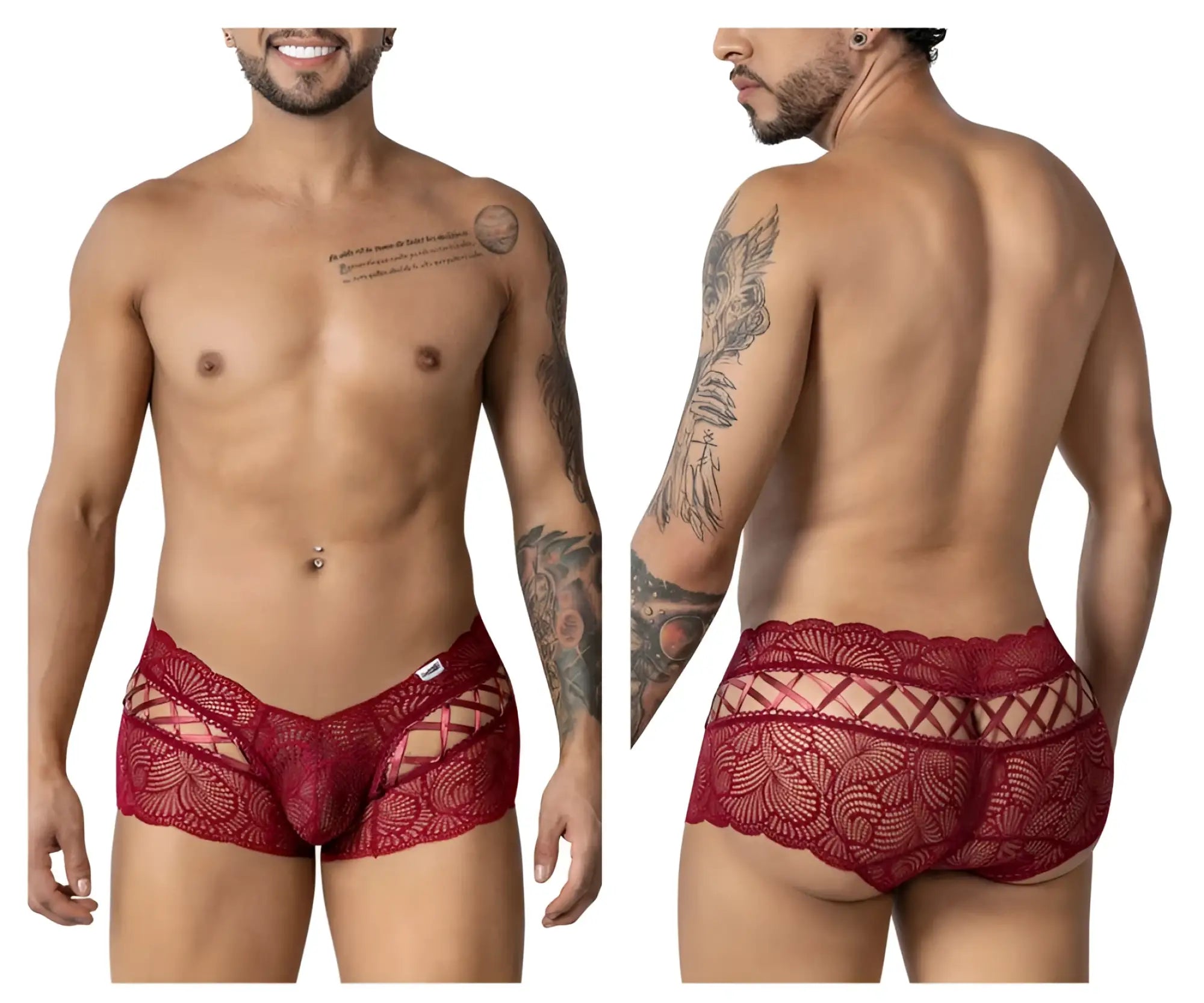 Burgundy candyMan 99916 lace trunks men’s underwear with intricate floral patterns and sheer mesh design