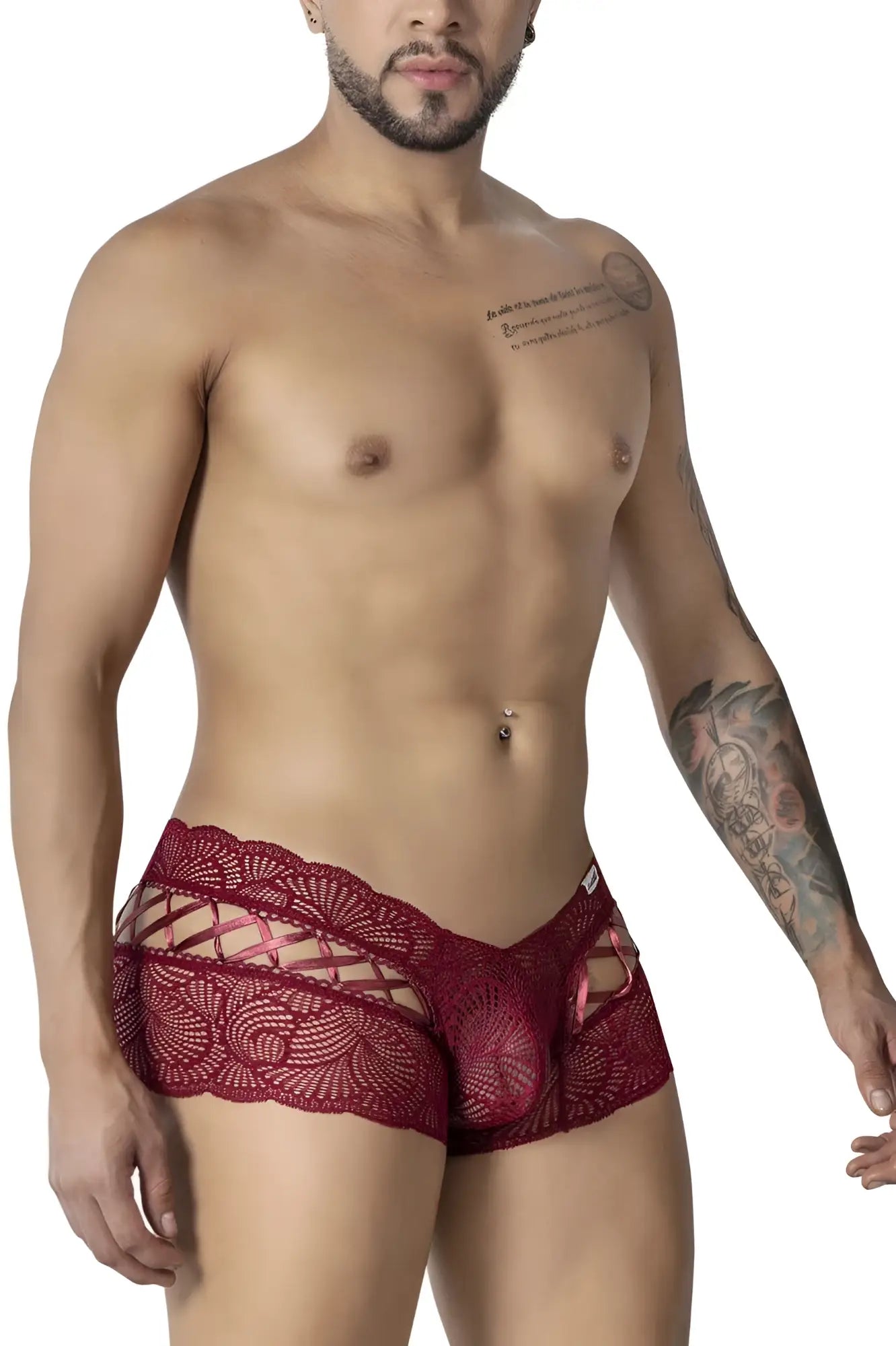 CandyMan 99916 lace trunks in burgundy feature red lace with intricate floral patterns and a sheer mesh design